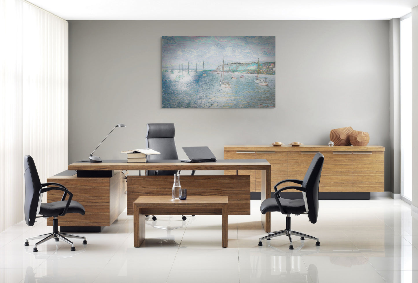 A serene painting of a boat anchoring for the day, set against a tranquil water scene with soft, warm hues.