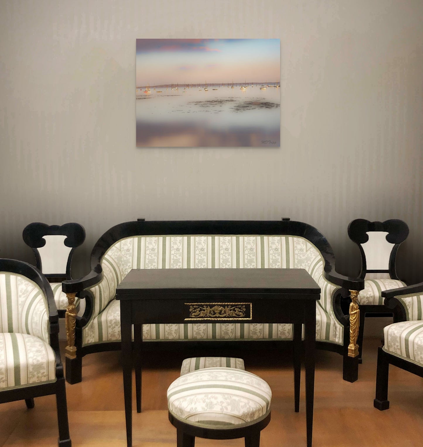 A peaceful painting of calm waters in Maine, featuring serene coastal views with gentle ripples and soft, cool colors.