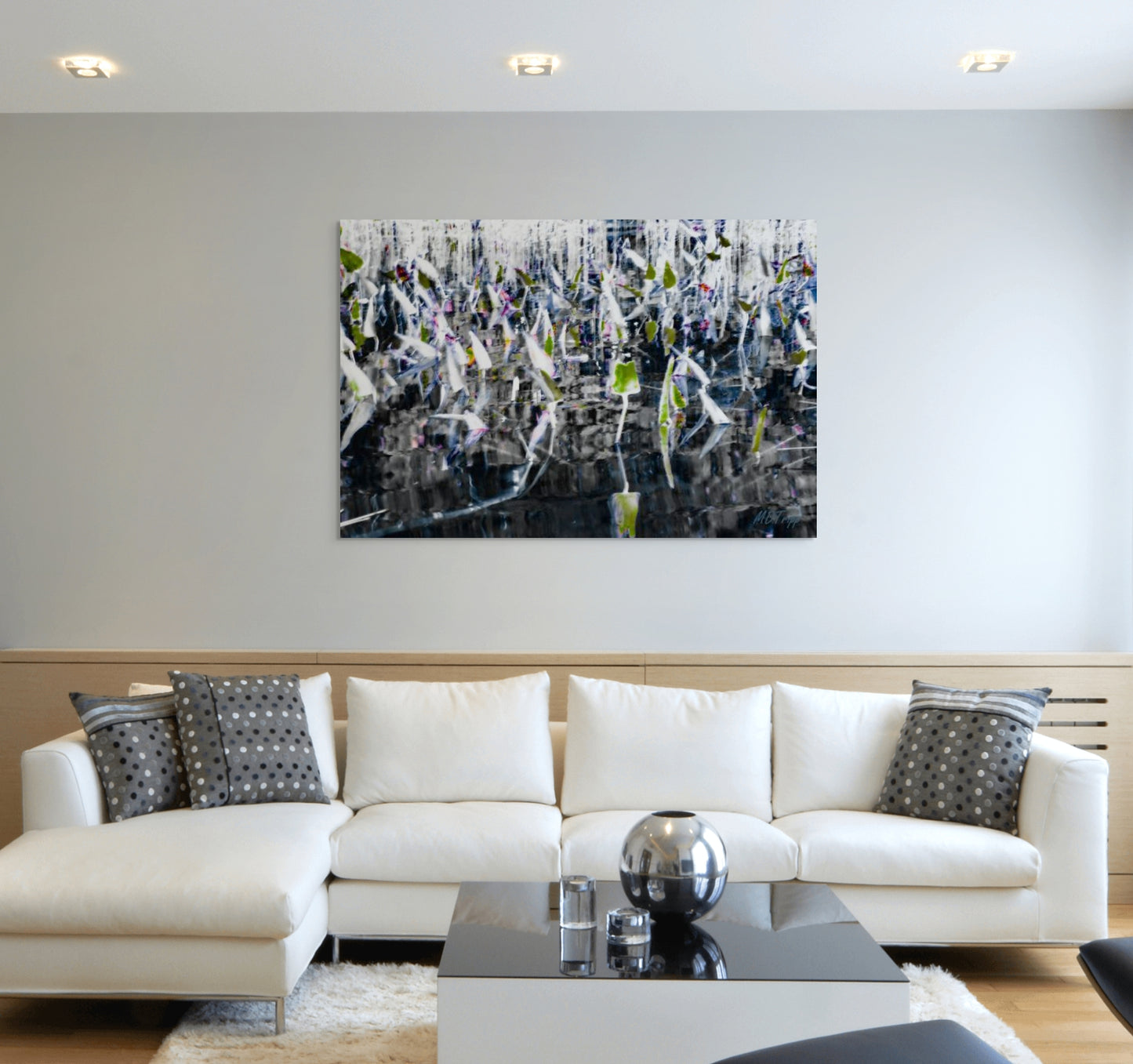 A serene painting of a calm moment by a pond’s edge, featuring gentle reflections and a tranquil natural setting.