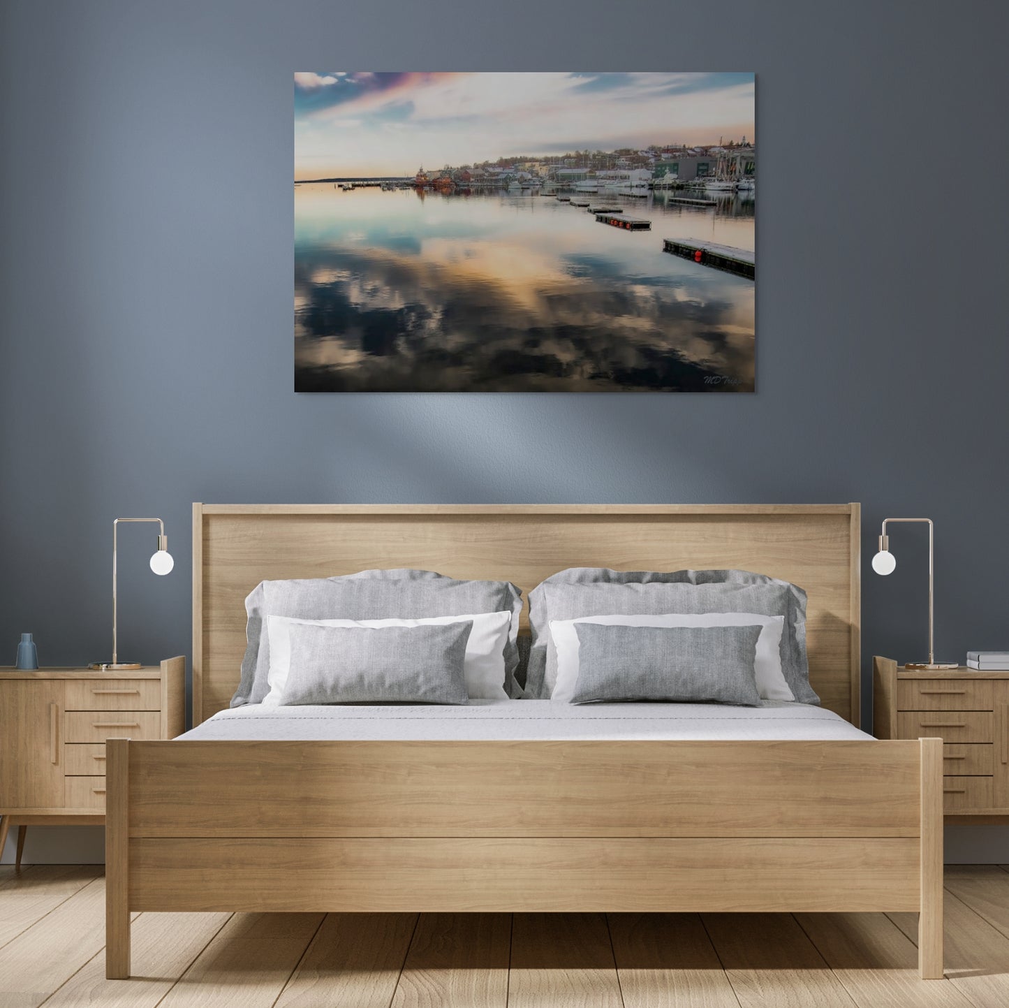 A peaceful painting of the chilly waters of Belfast, showcasing cool tones and a quiet, misty atmosphere over the water.
