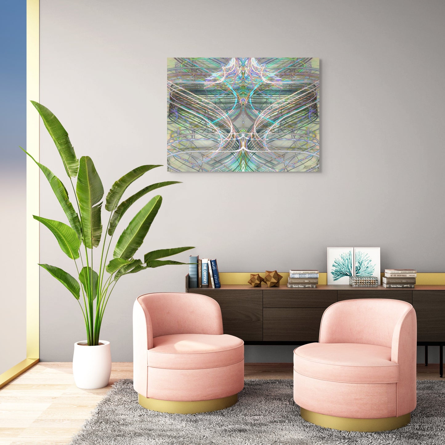 A captivating painting of crystal rocks, featuring intricate details and a shimmering, multi-colored palette that reflects light in a dynamic way.