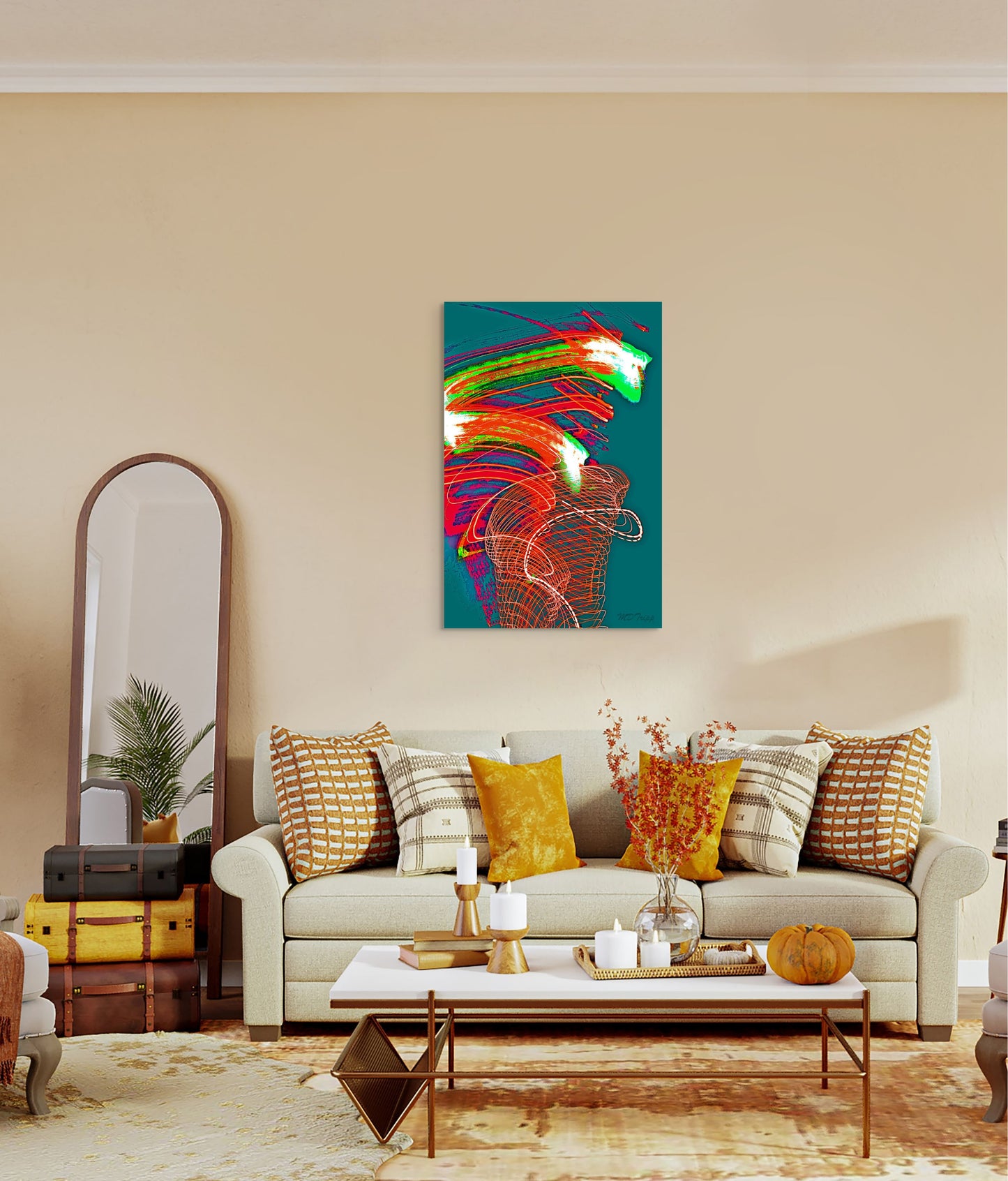 A powerful painting titled 'Dragon’s Gale,' featuring a mythical dragon amidst swirling winds and fiery, dynamic energy.