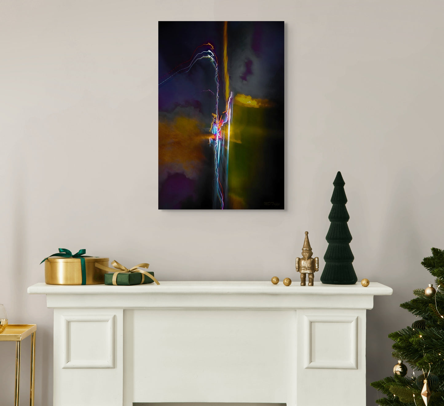 A tranquil painting titled 'Dropping a Line,' featuring a peaceful fishing scene by the water with soft reflections and natural tones.