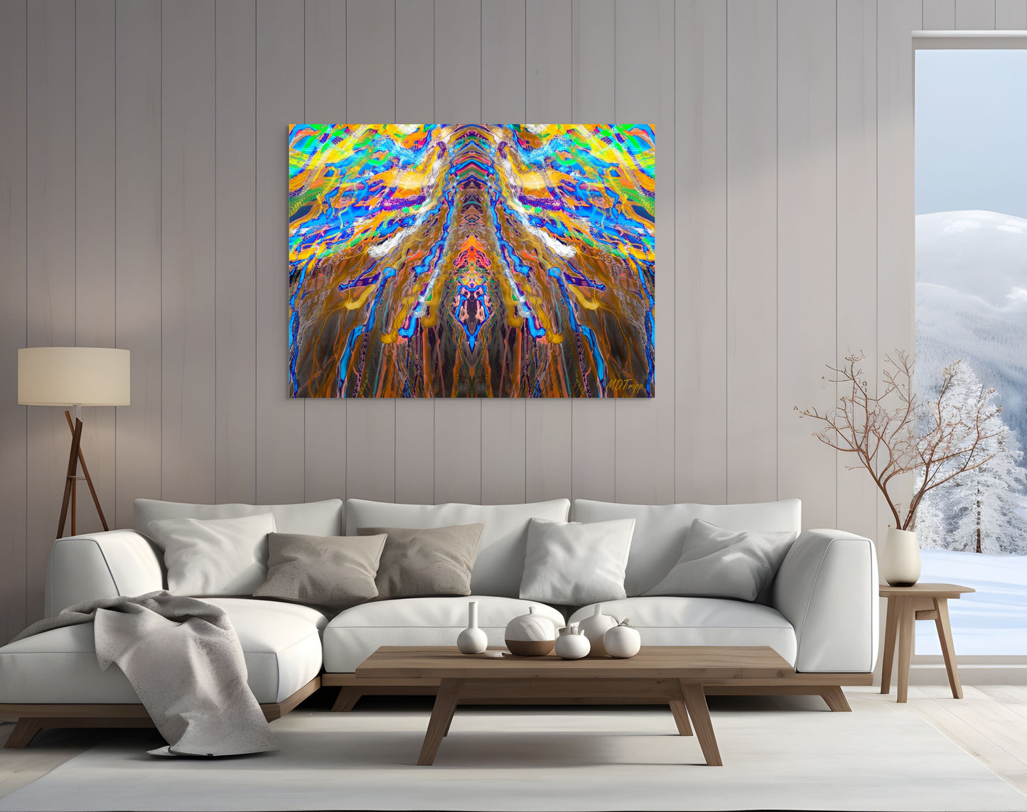 A dynamic painting titled 'Edge of Chaos,' featuring swirling patterns and bold contrasts that capture the tension between order and disorder.