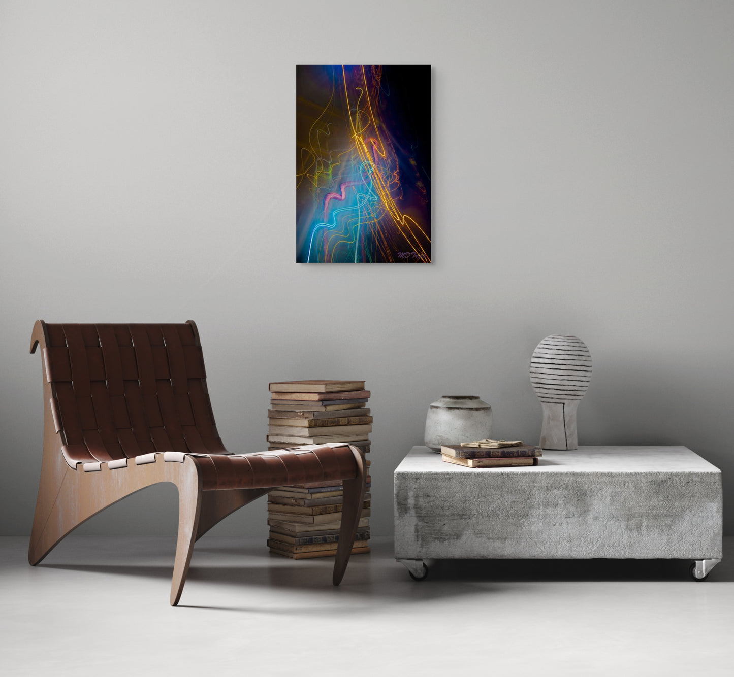 A striking painting titled 'Eel’s End,' depicting a dramatic underwater scene with an eel surrounded by dark, moody tones and vivid aquatic details.