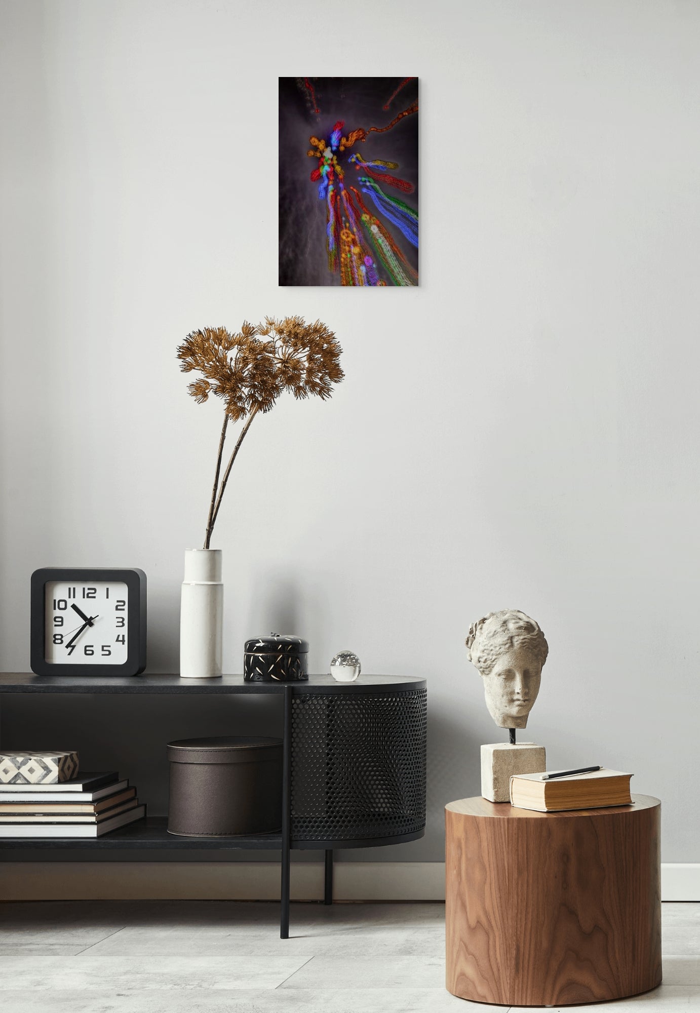 A vibrant abstract painting titled 'Fusion of Spirit,' combining bold colors and fluid shapes that symbolize the blending of energy, soul, and emotion.