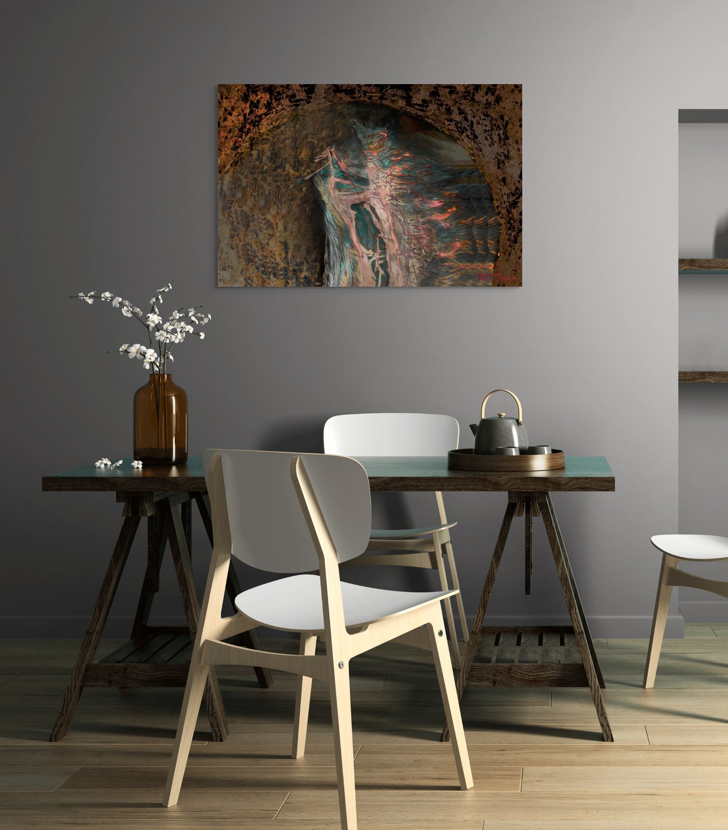 A contemplative painting titled 'Hibernating Our Spirit,' featuring muted tones and serene imagery that evoke rest, reflection, and inner stillness.