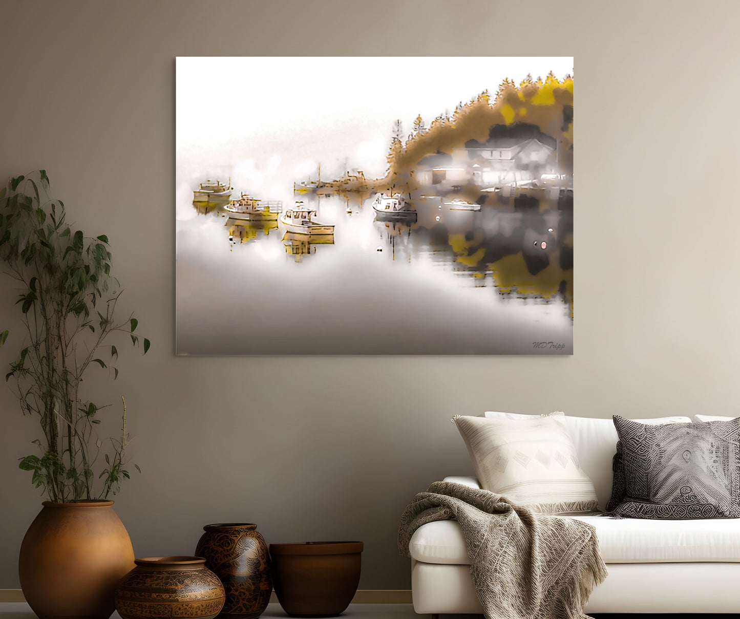 A scenic painting titled 'Hidden Coves of Maine,' showcasing a tranquil coastal cove with rugged cliffs, serene waters, and lush greenery