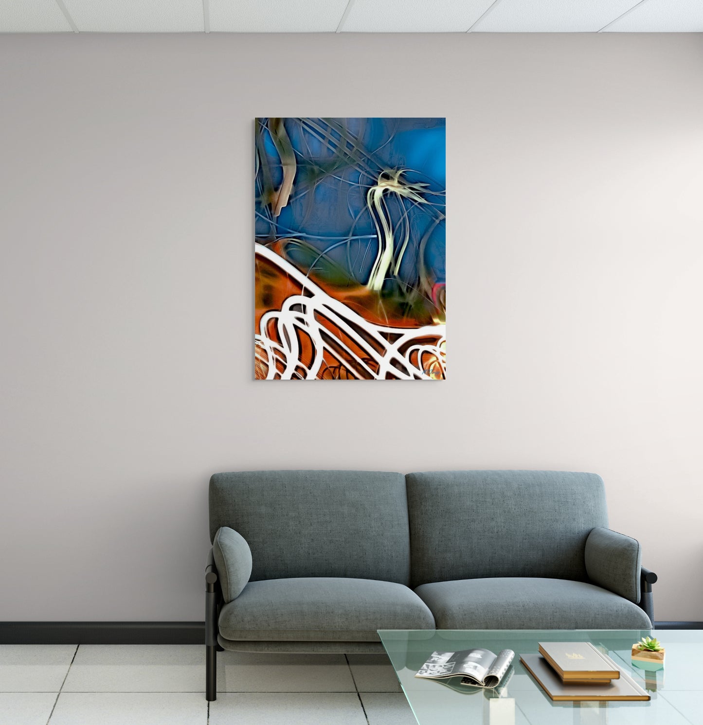 A serene painting titled 'Life's Current,' showcasing flowing water with subtle reflections, symbolizing the gentle yet unstoppable flow of life's journey.