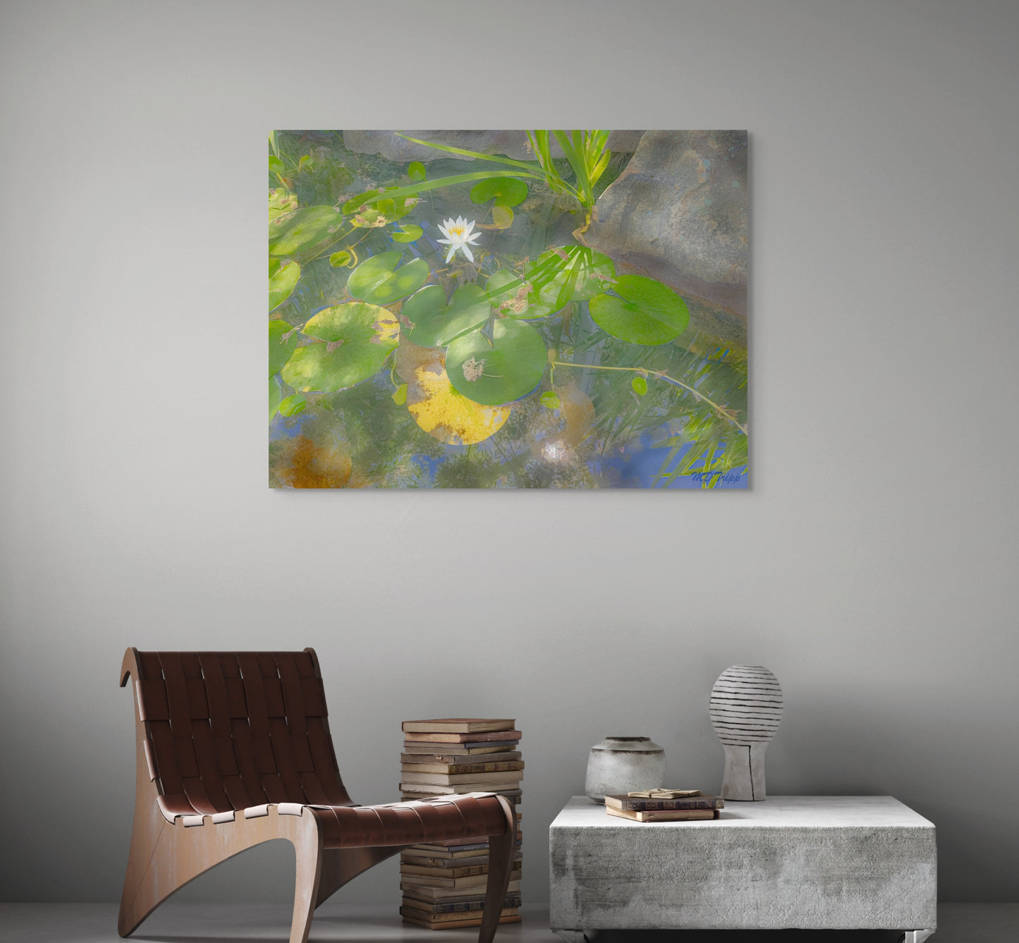 A peaceful painting titled 'Lilly Afternoon,' depicting a calm, sunlit scene with blooming lilies, evoking a sense of tranquility and natural beauty.