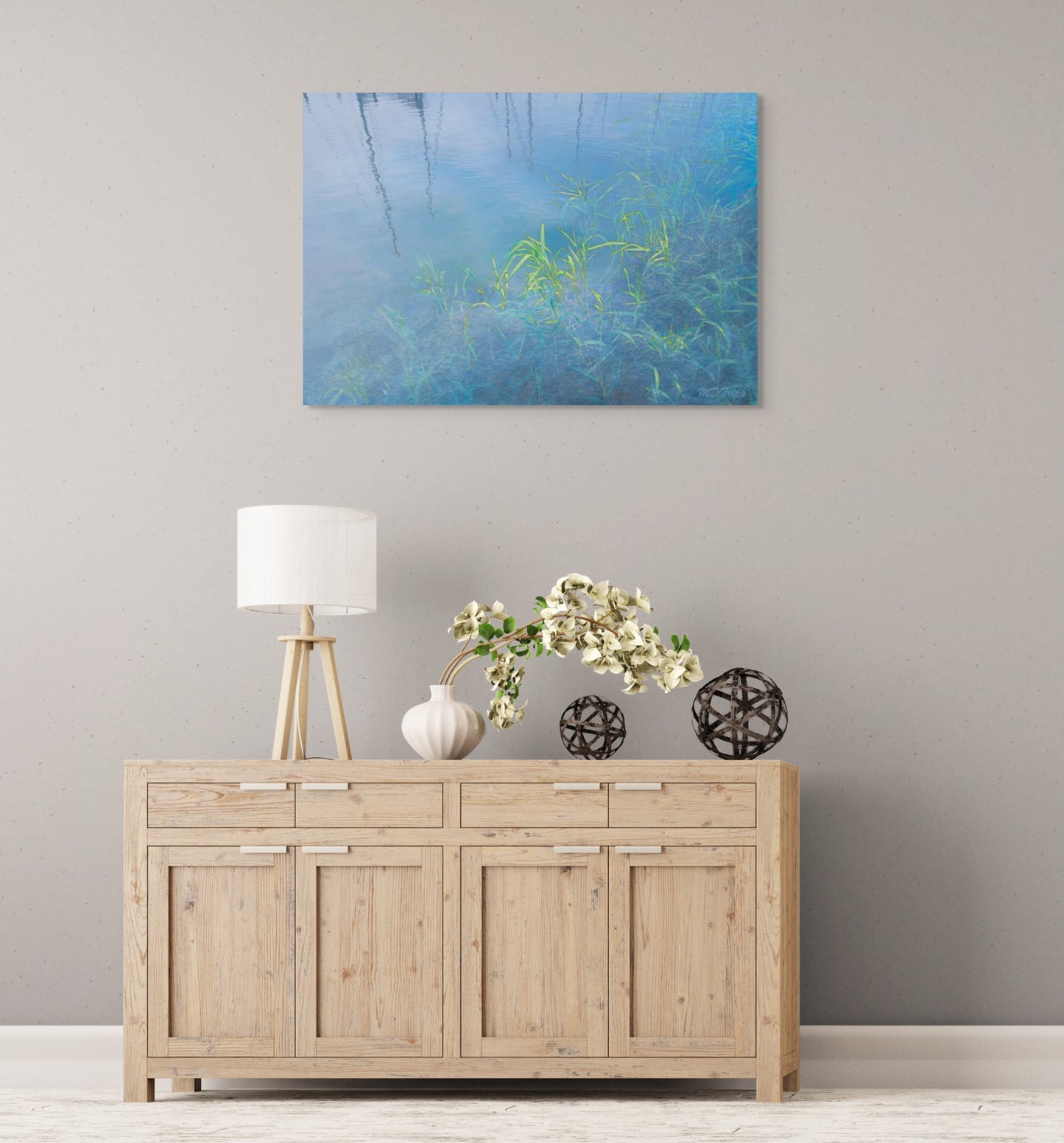 A serene painting titled 'Morning Light of Reflection,' featuring soft sunlight illuminating a peaceful landscape, symbolizing calm and introspection.