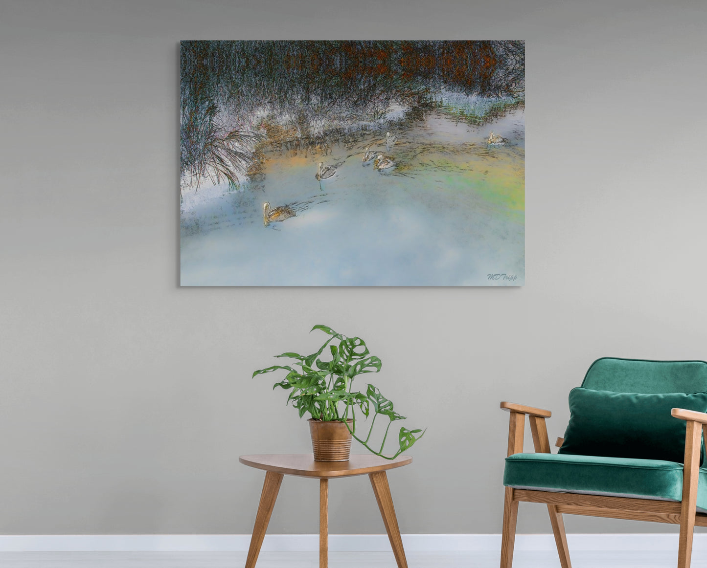 A serene painting titled 'Out Paddling,' depicting a calm scene of a figure paddling through gentle waters, evoking peace, solitude, and connection with nature.