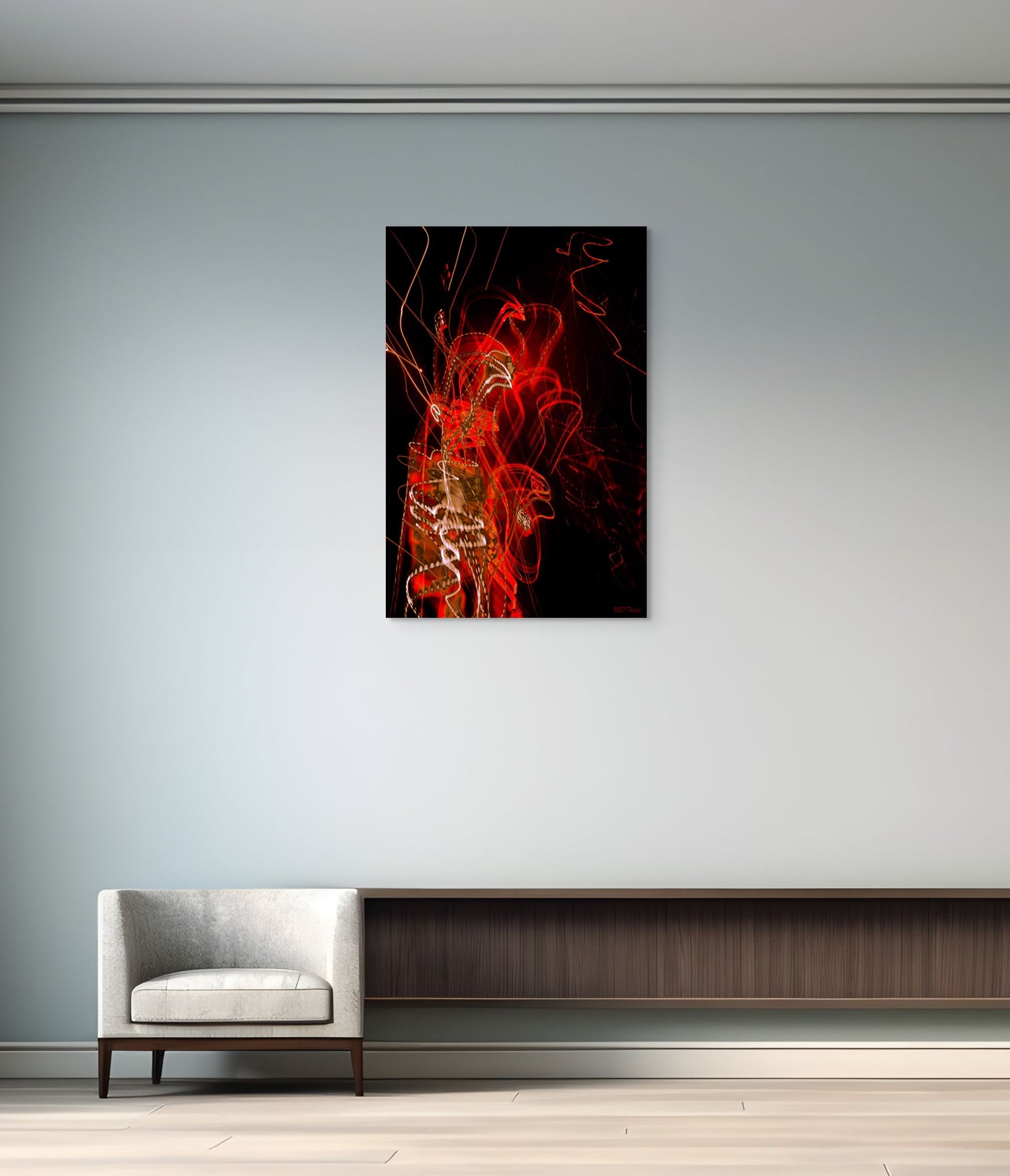 A dramatic painting titled 'Phantom Rising,' depicting a mysterious figure emerging from darkness, surrounded by ethereal light and shadow, symbolizing power and transformation.