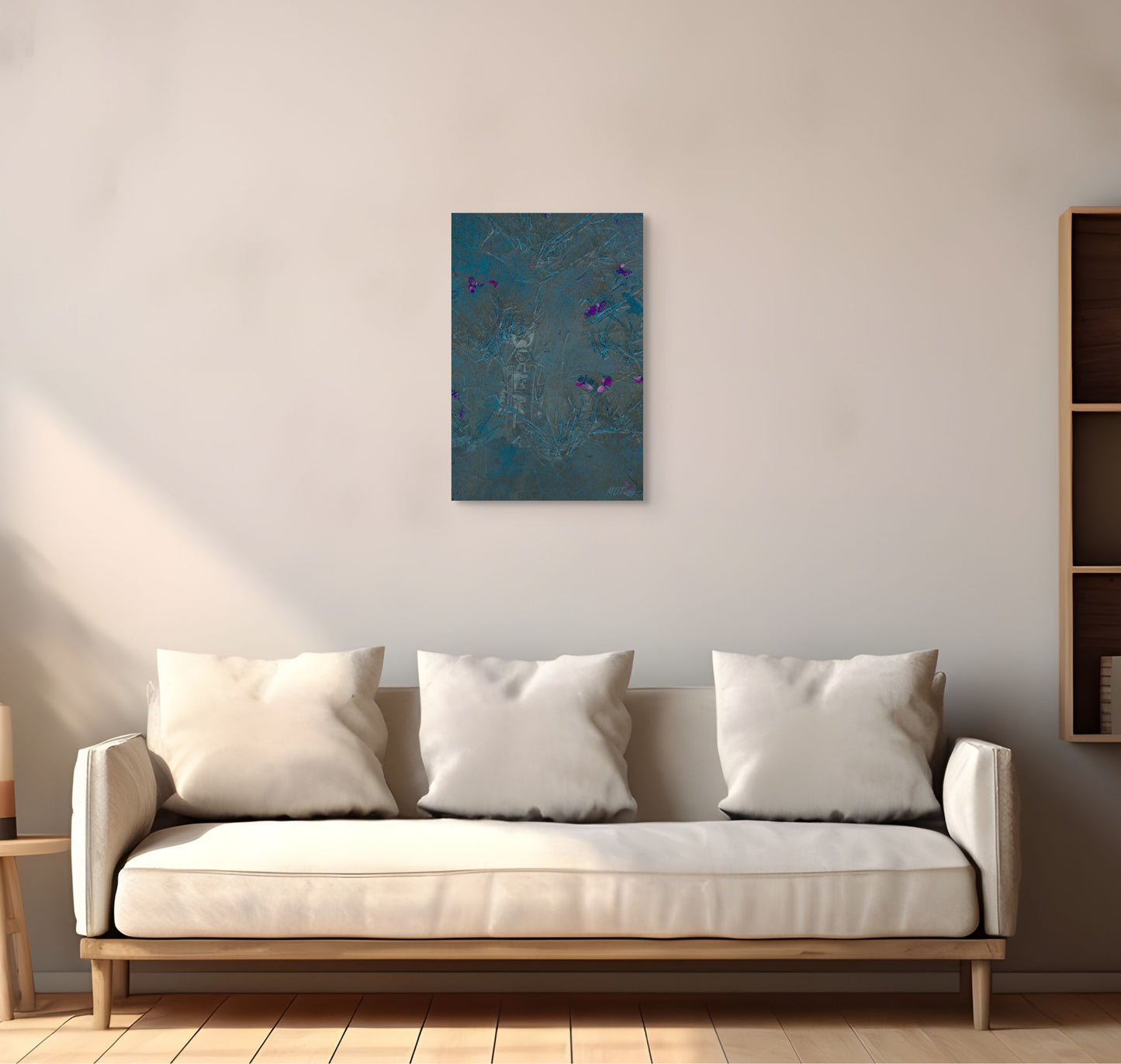 A striking painting titled 'Samari in the Weeds,' depicting a samurai figure in a natural, overgrown setting, blending tradition with the untamed beauty of nature.