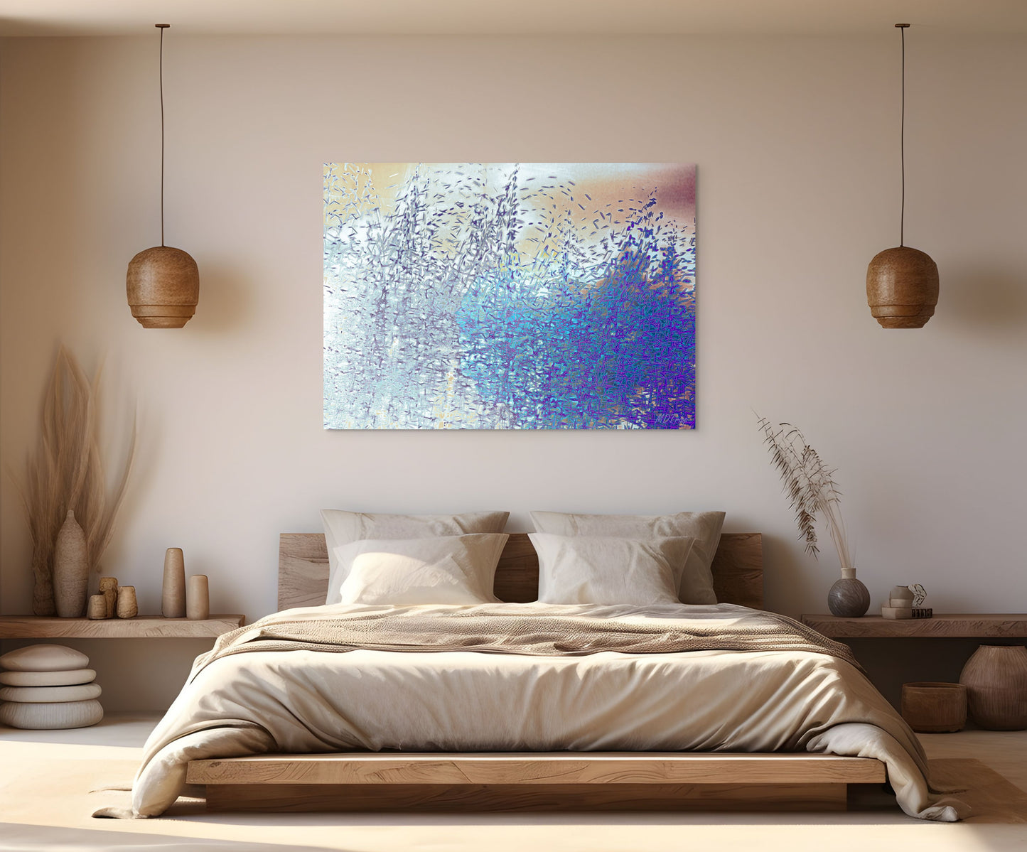 A dynamic painting titled 'Swarming,' depicting a chaotic yet mesmerizing movement of figures, shapes, or elements, symbolizing energy, unity, and complexity.