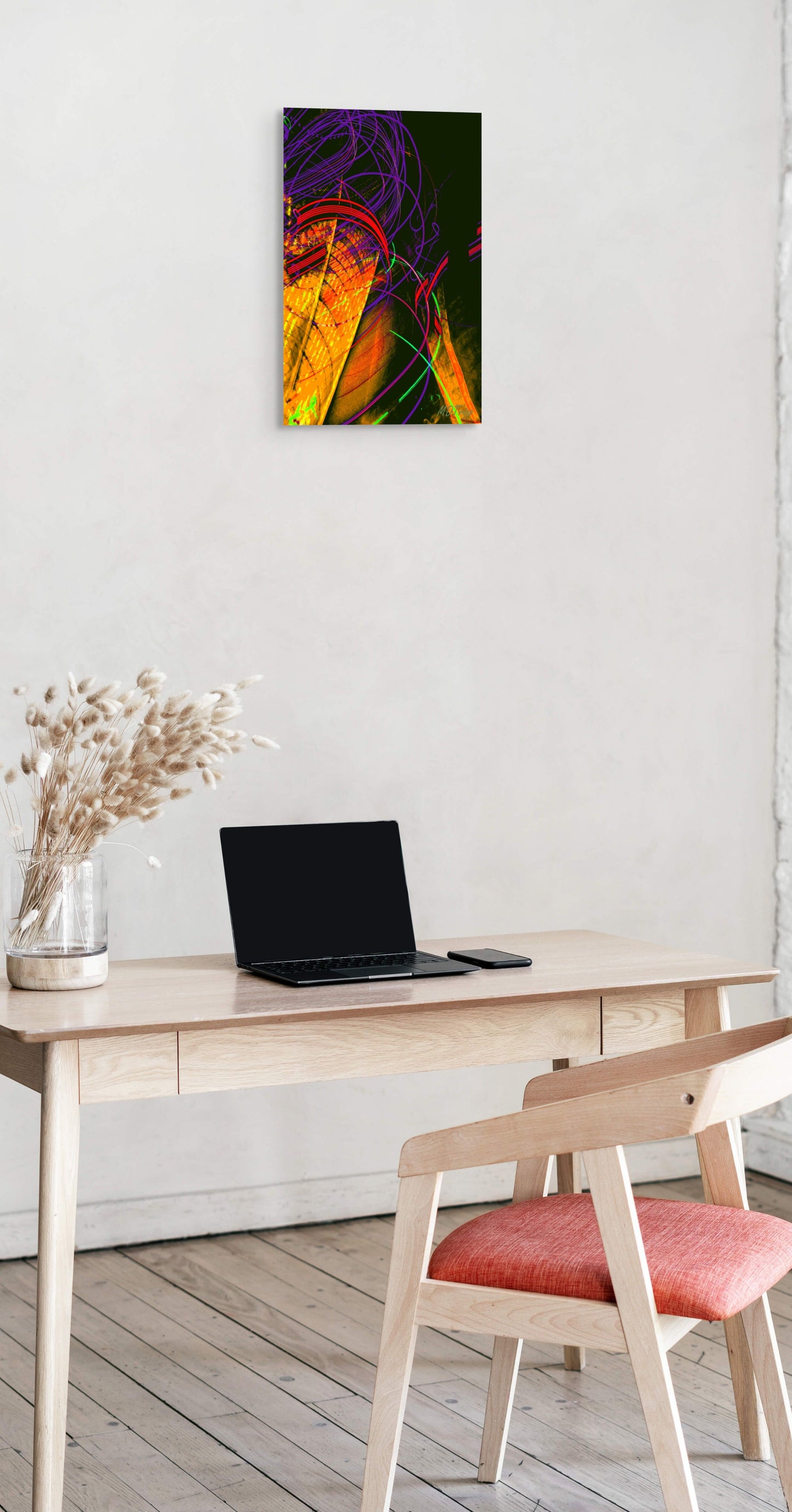 A dynamic painting titled 'Swirling Through the Metropolis,' featuring vibrant, swirling patterns weaving through a bustling cityscape, symbolizing energy, chaos, and urban life.