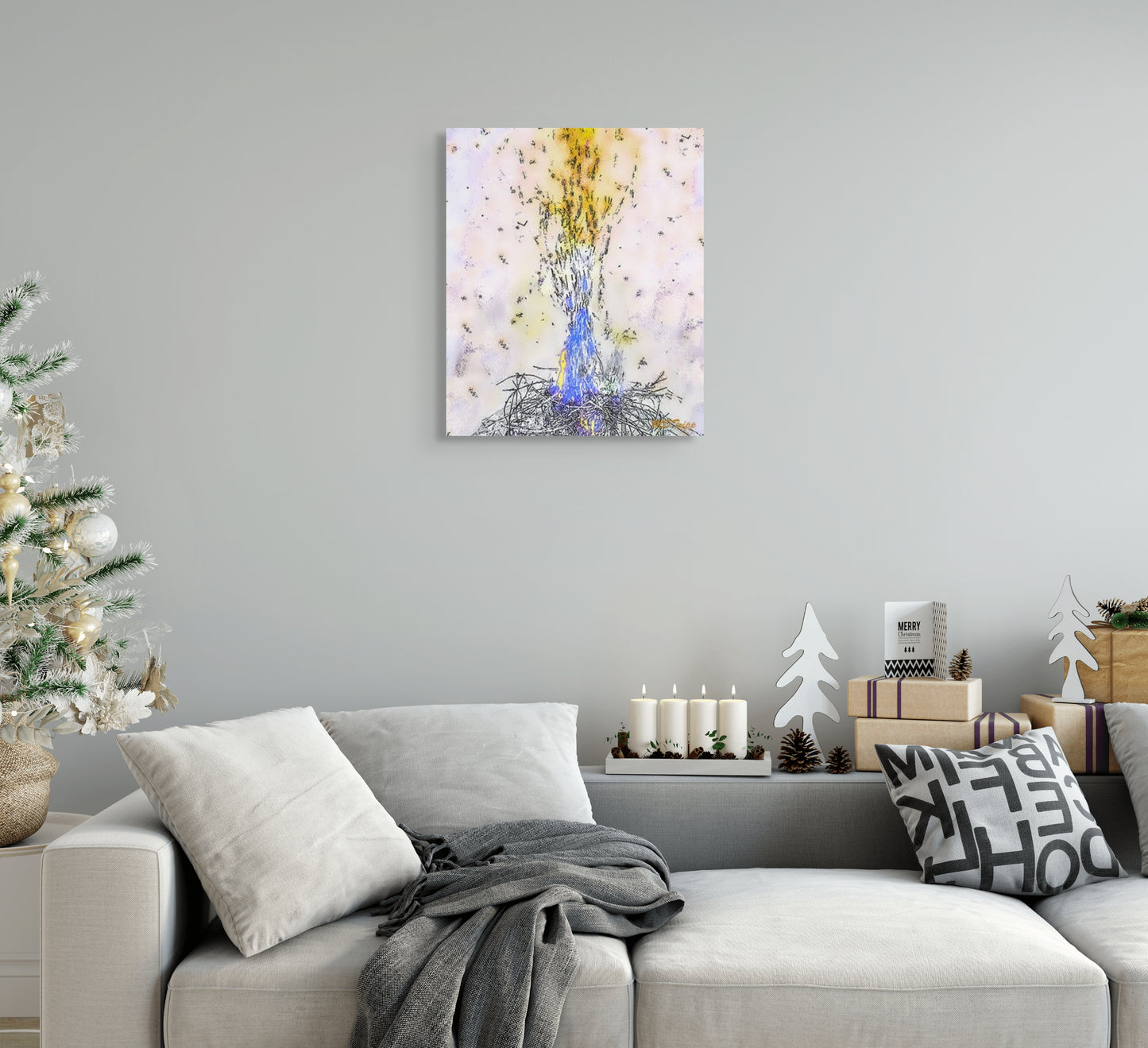 A warm painting titled 'The Fire Pit,' depicting a glowing fire surrounded by people or a serene setting, symbolizing togetherness, comfort, and the allure of flickering flames.