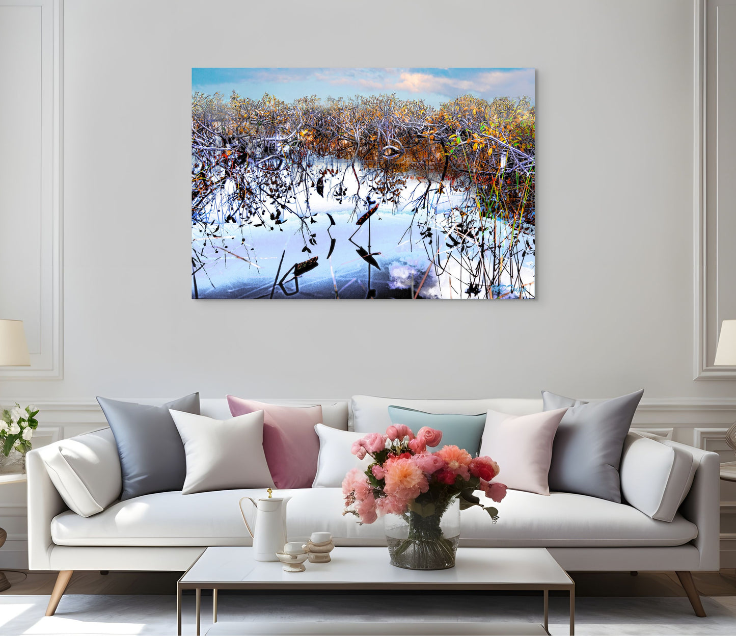 A serene painting titled 'Tidal Near Land,' depicting gentle tidal waves approaching the shoreline, with soft hues and textures capturing the tranquility of nature.