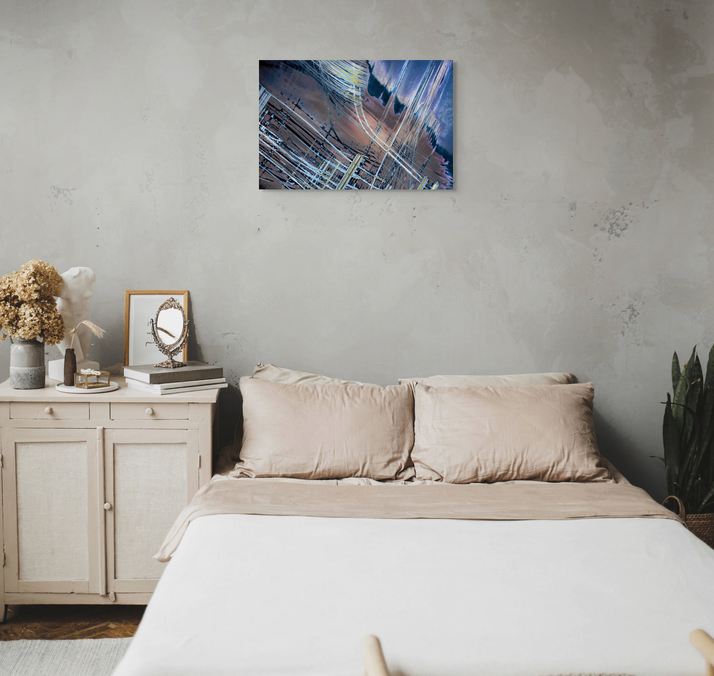 A dynamic painting titled 'Two Lives of the Metropolis,' showcasing the contrasting elements of city life—bustling activity and quiet solitude—capturing the duality of urban existence.