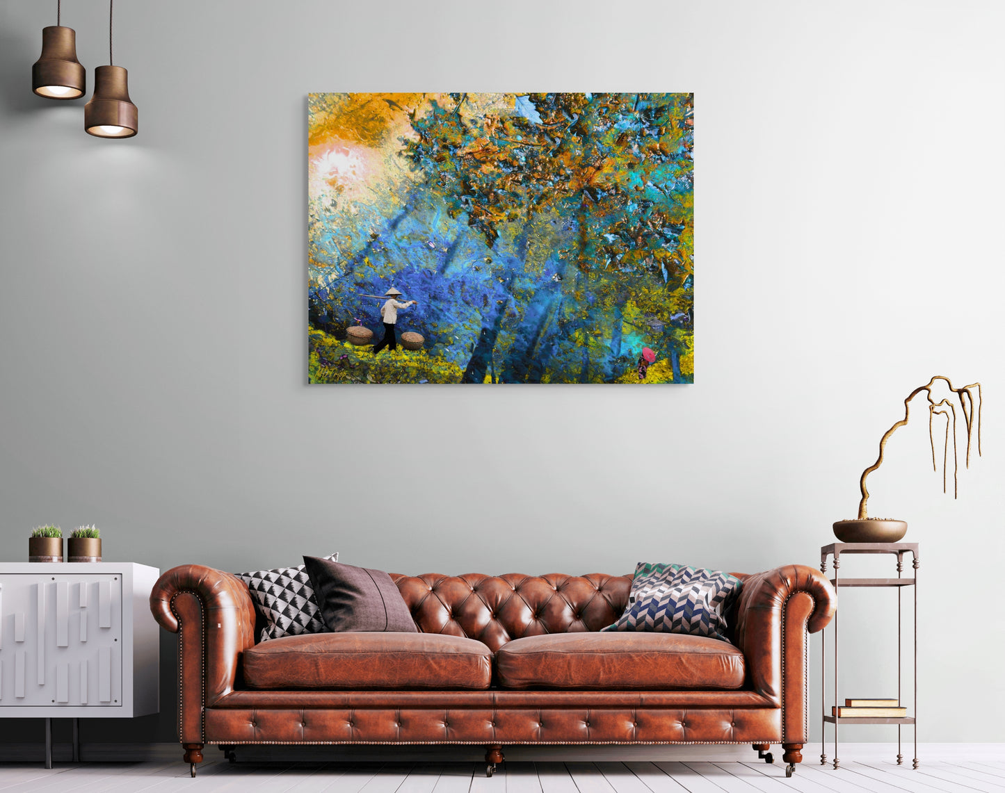 A serene painting titled 'Walking Home Through The Woods,' depicting a peaceful forest path with soft light filtering through the trees, symbolizing tranquility and connection with nature.