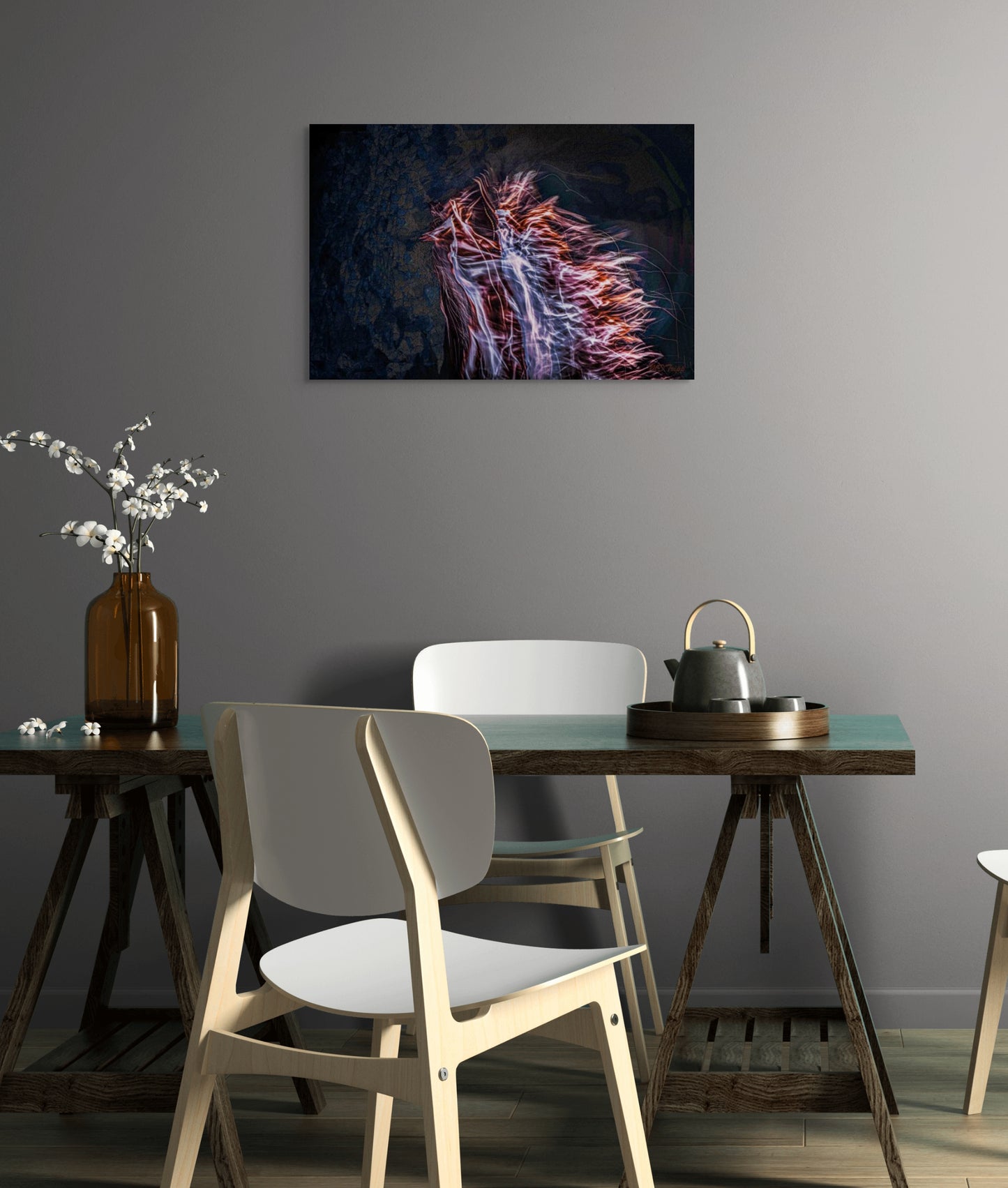 A moody painting titled 'Walking The Night,' depicting a lone figure navigating a quiet, illuminated path under the night sky, symbolizing solitude, mystery, and introspection.