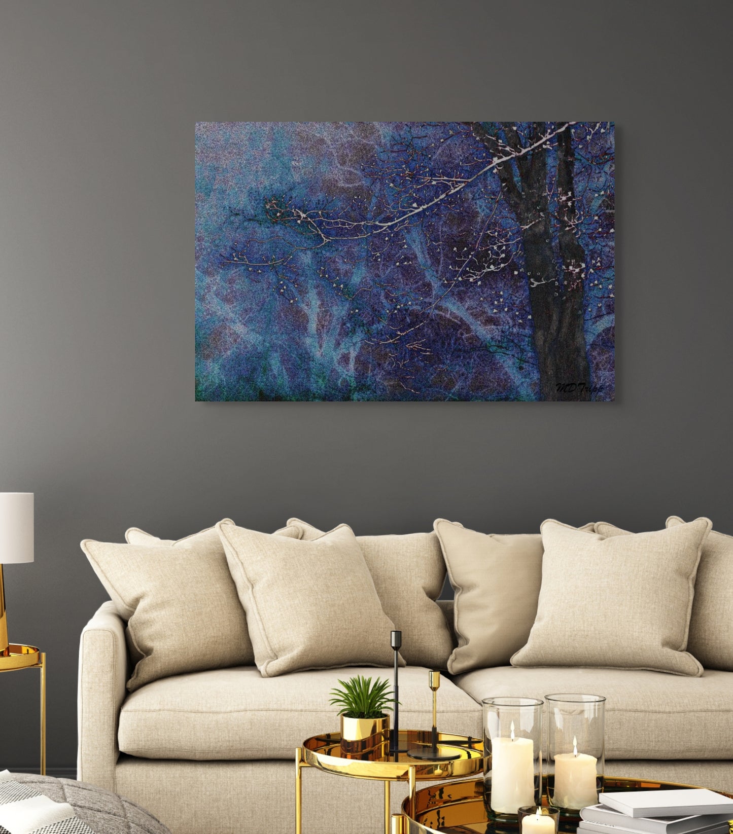 A striking painting titled 'Winter's Cold,' depicting a harsh, snowy landscape with frosty tones, symbolizing the stillness, isolation, and beauty of the cold season.