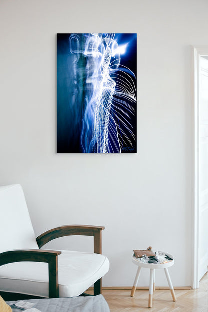 An electrifying abstract painting inspired by the concept of amperage, featuring bold lines, vibrant colors, and dynamic energy.