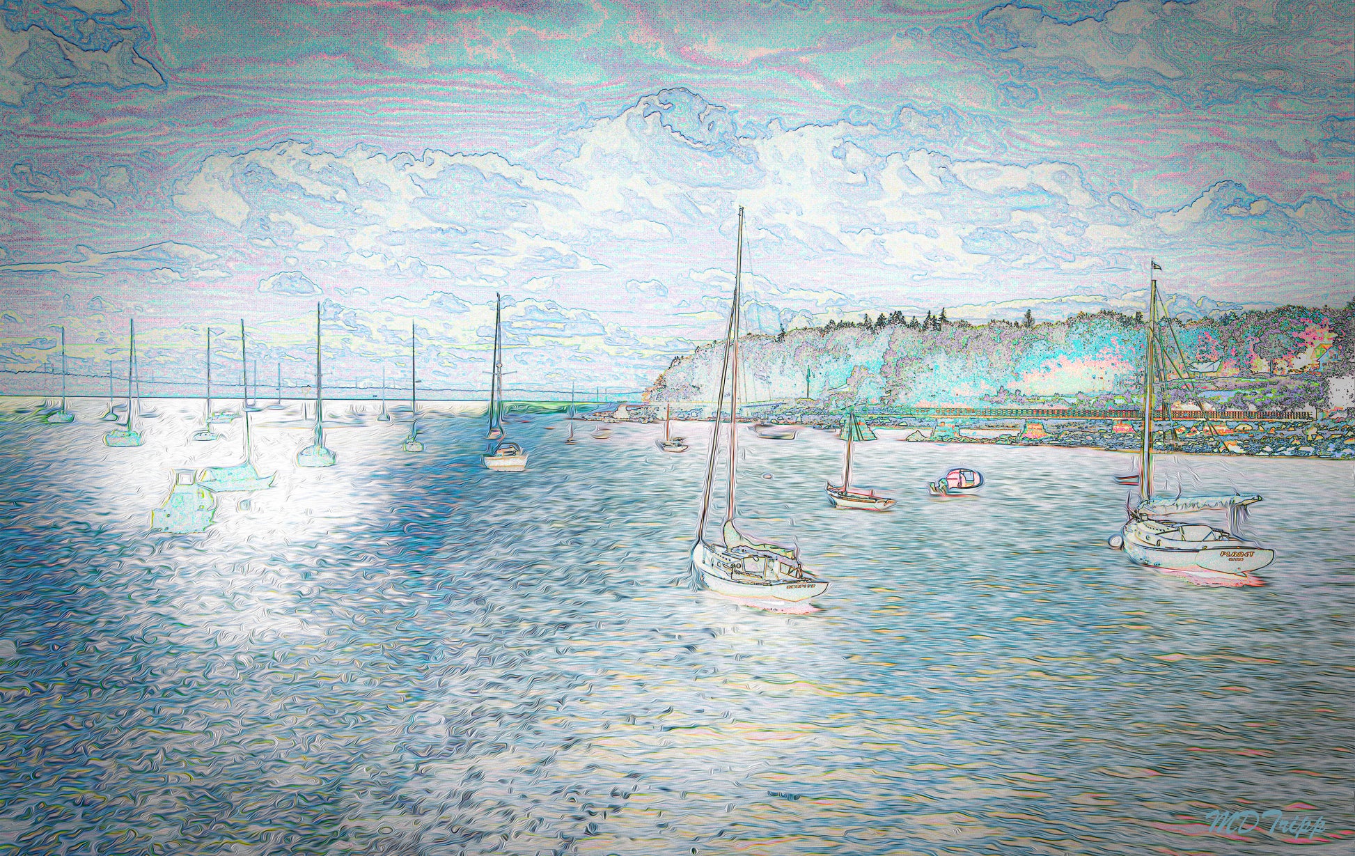 A serene painting of a boat anchoring for the day, set against a tranquil water scene with soft, warm hues.