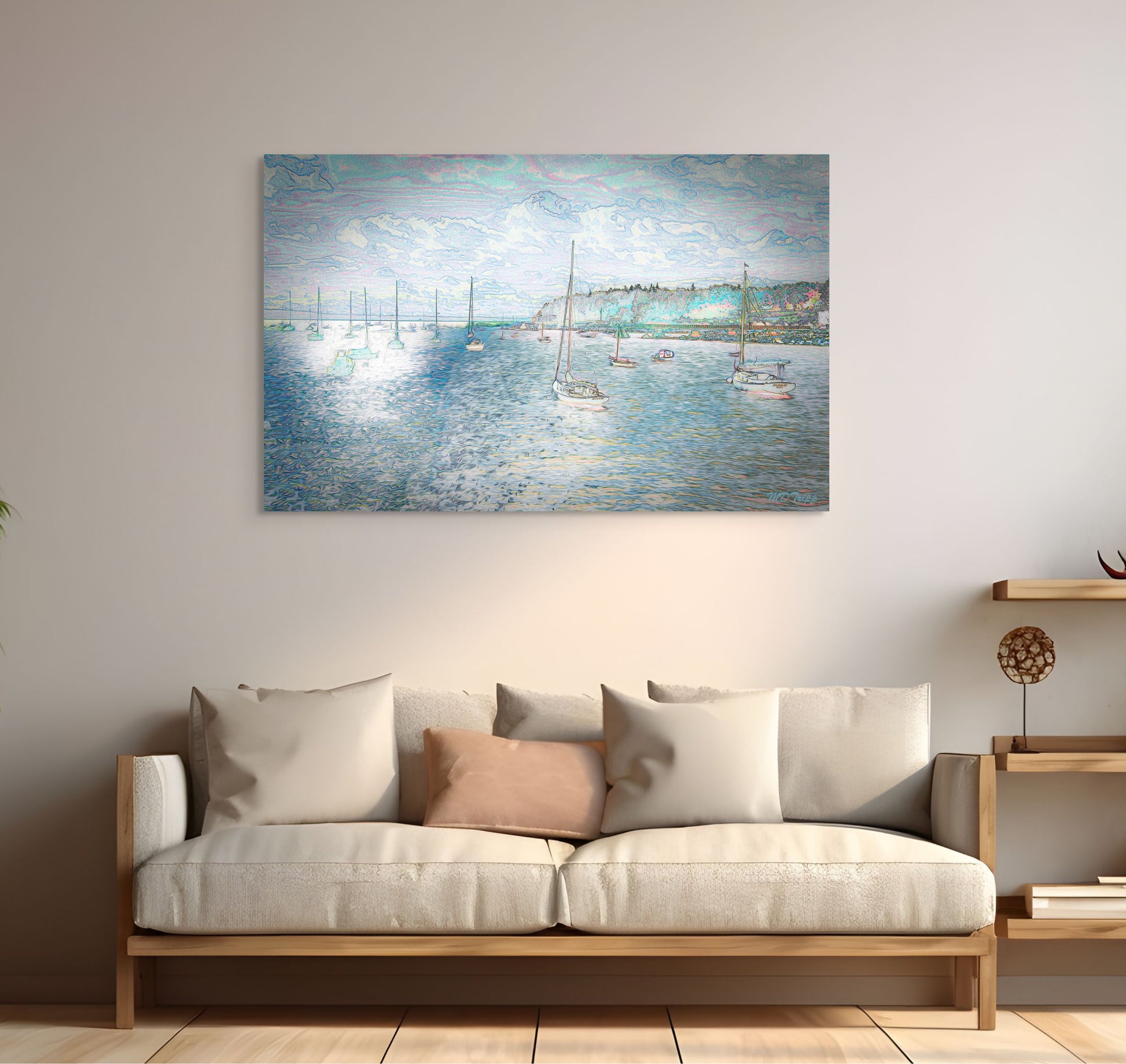 A serene painting of a boat anchoring for the day, set against a tranquil water scene with soft, warm hues.