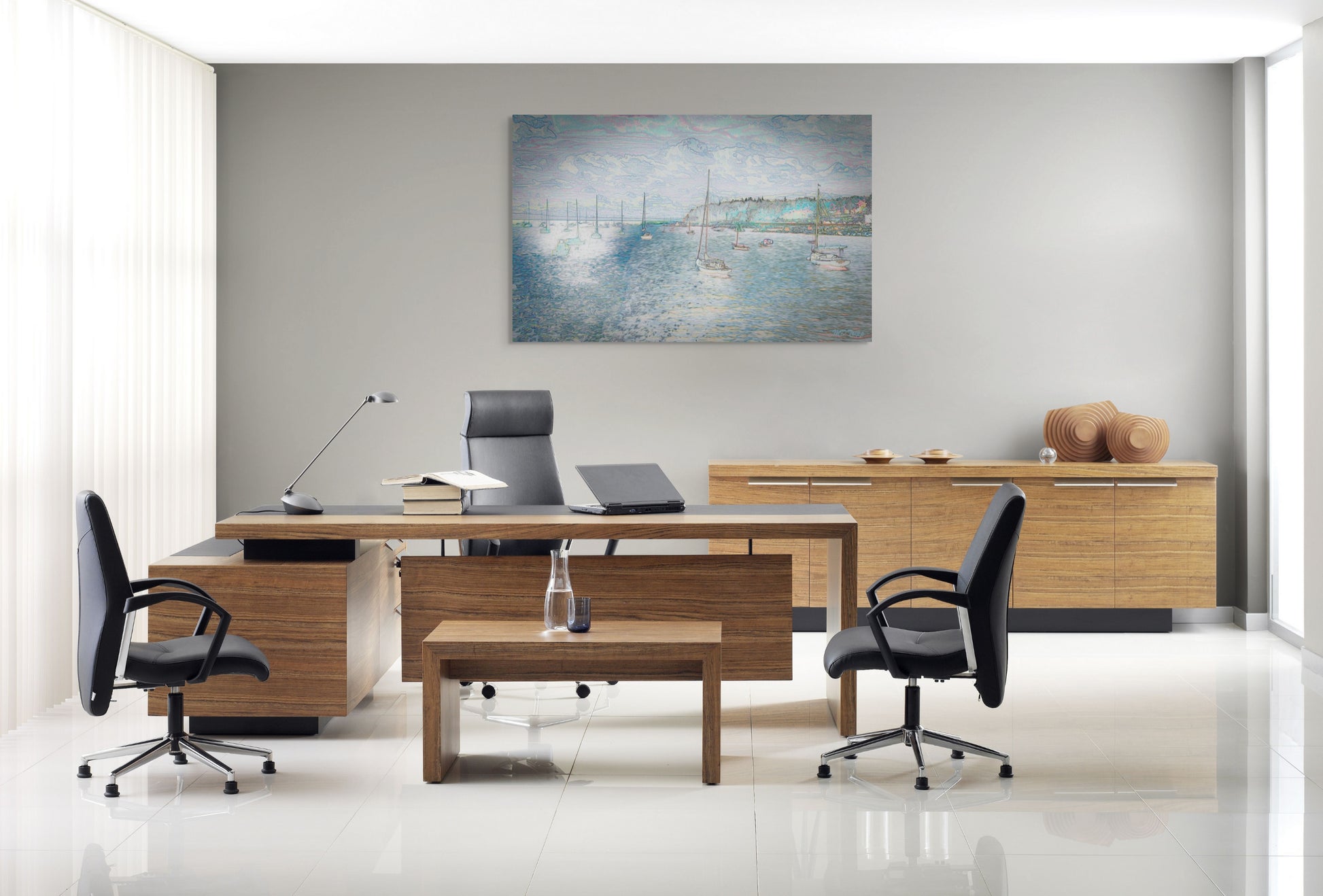 A serene painting of a boat anchoring for the day, set against a tranquil water scene with soft, warm hues.