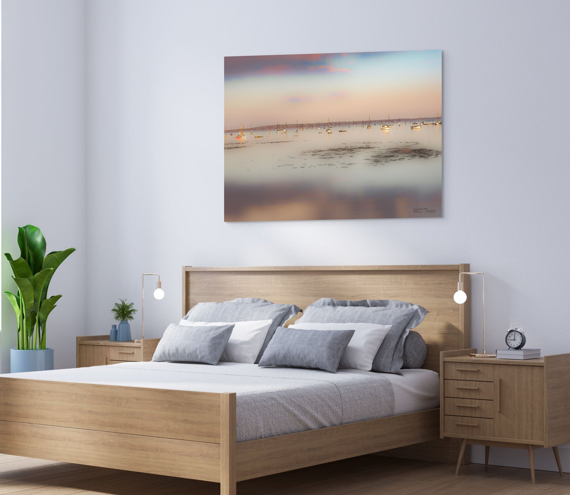 A peaceful painting of calm waters in Maine, featuring serene coastal views with gentle ripples and soft, cool colors.