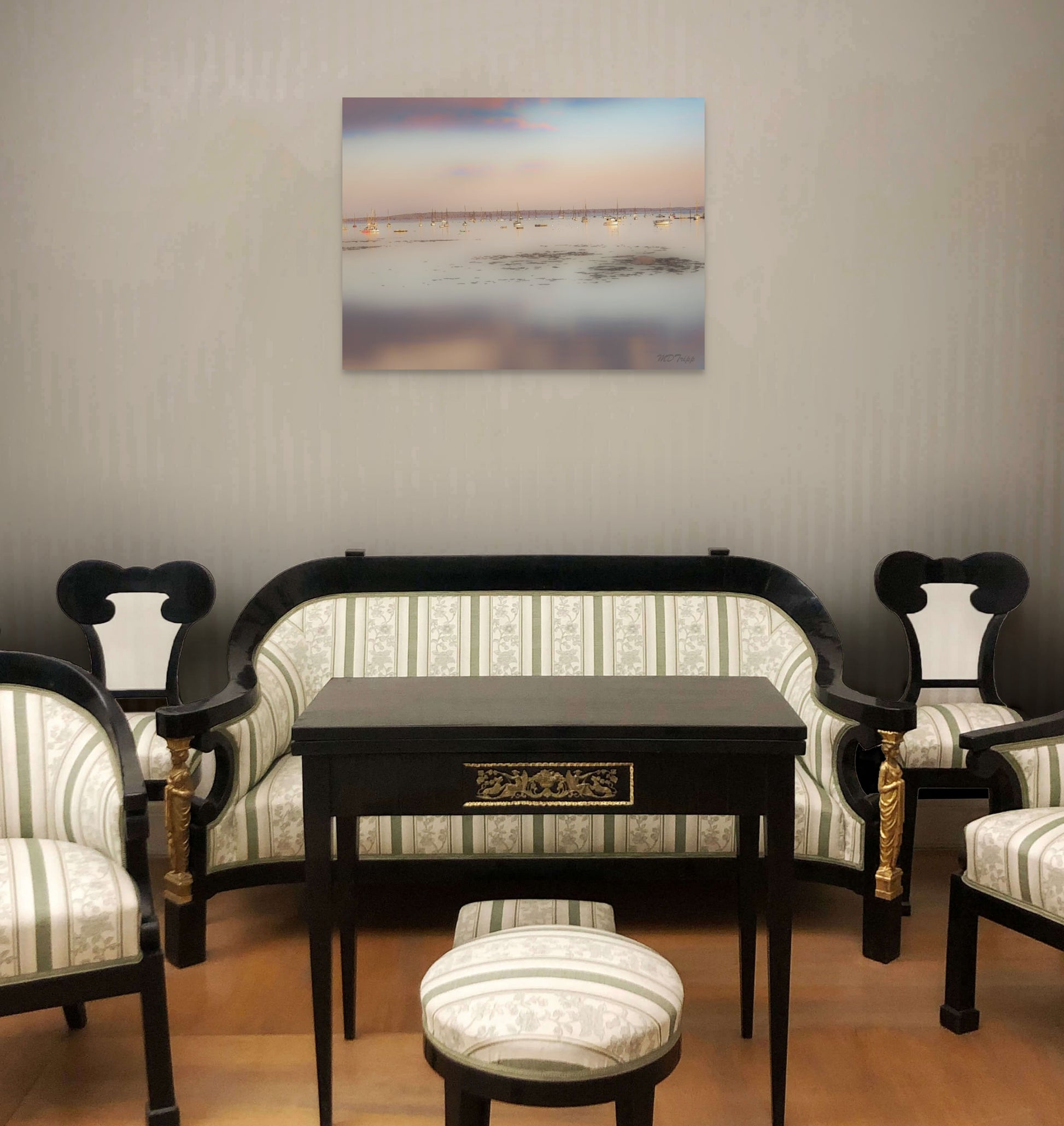 A peaceful painting of calm waters in Maine, featuring serene coastal views with gentle ripples and soft, cool colors.