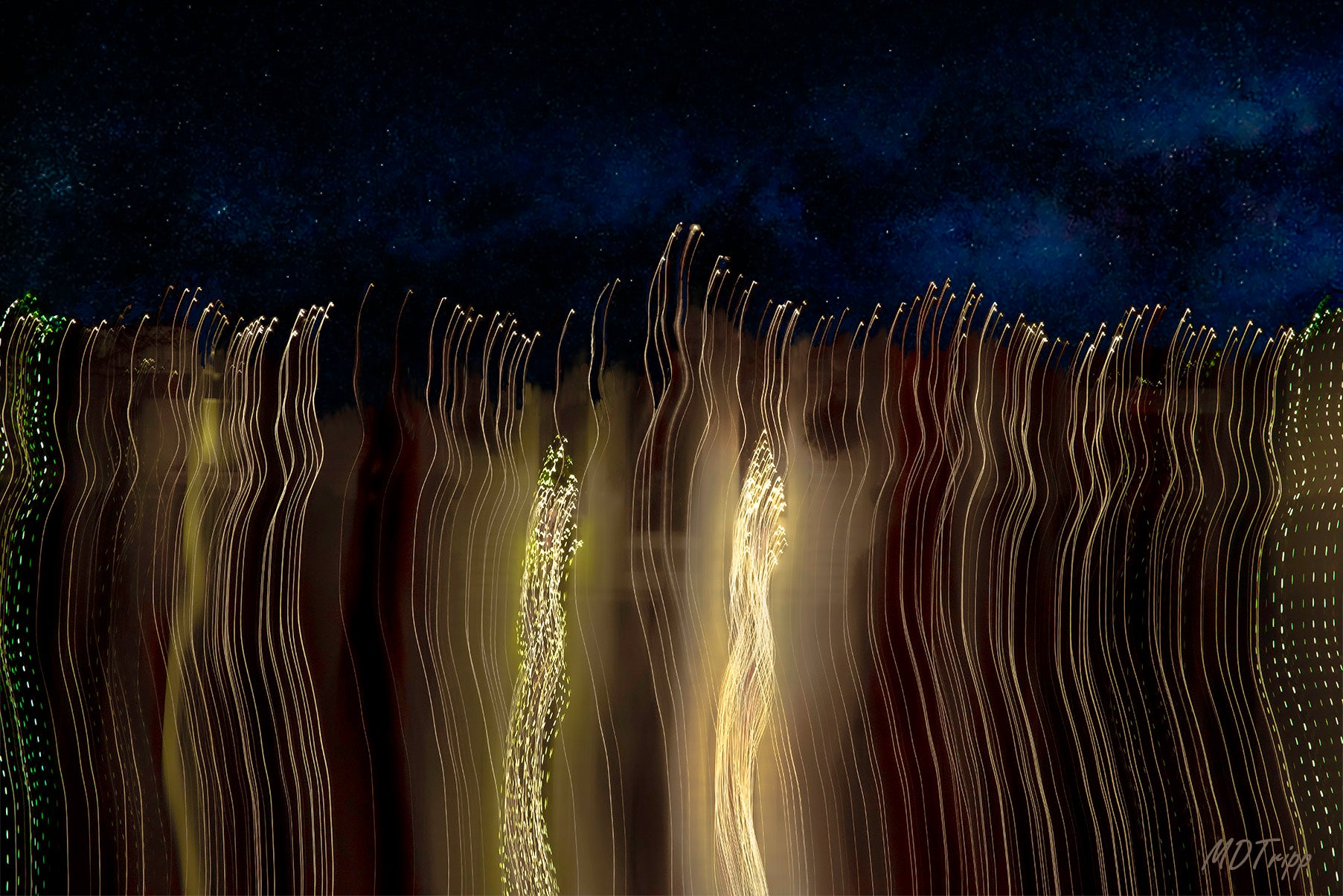 A romantic painting of a chance encounter under the stars, with two figures meeting amidst a dreamy, starry night sky.