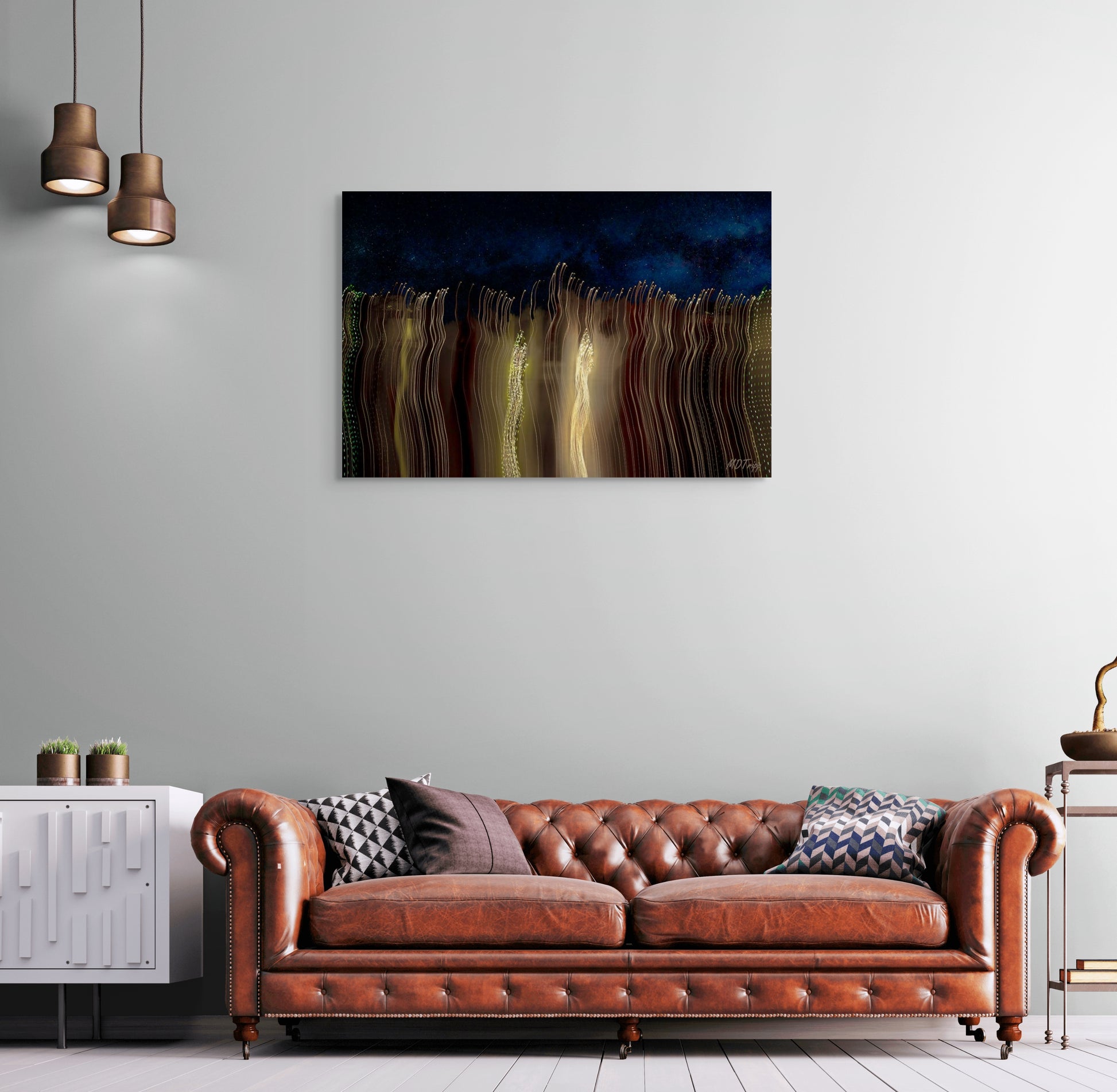 A romantic painting of a chance encounter under the stars, with two figures meeting amidst a dreamy, starry night sky.