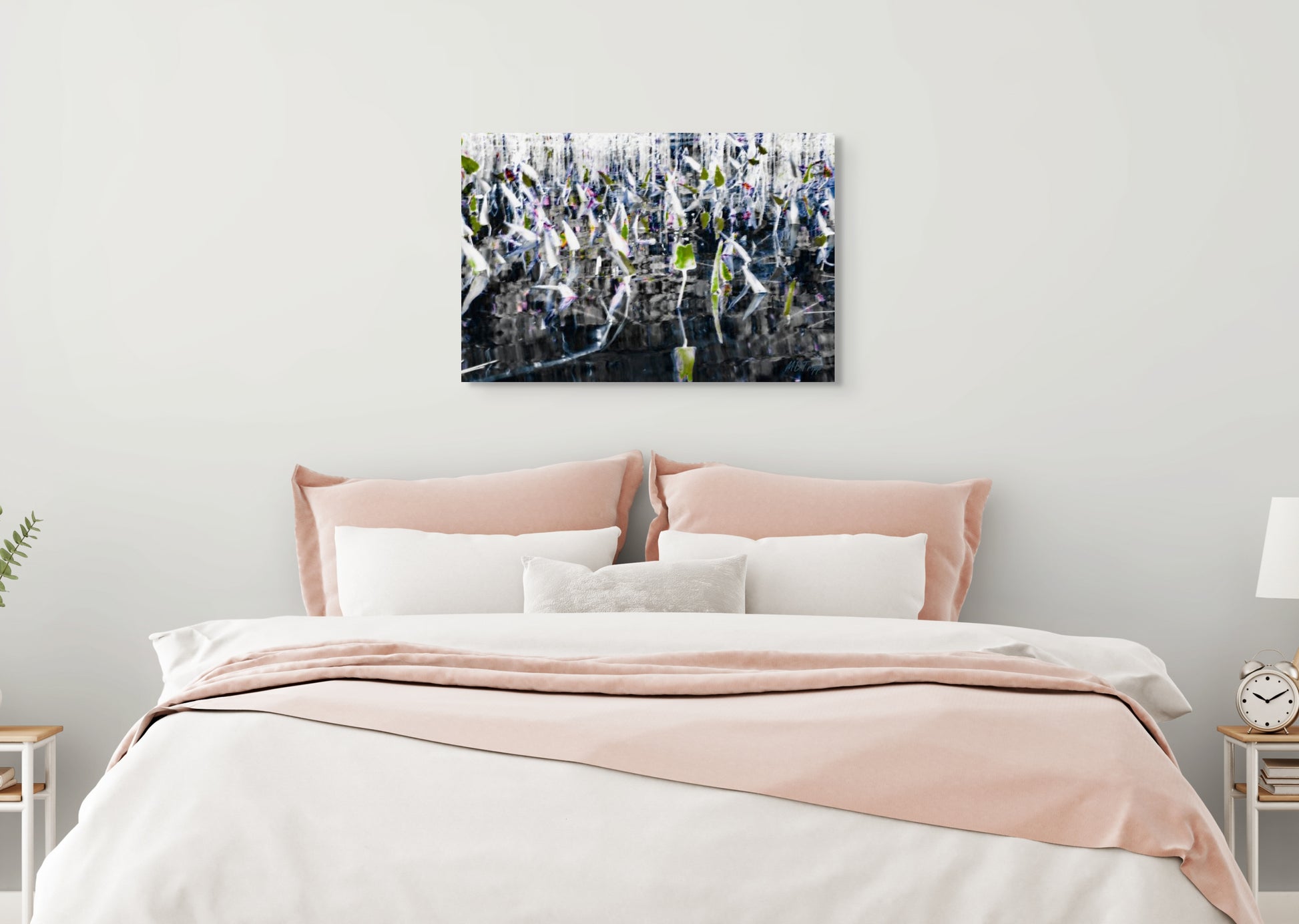 A serene painting of a calm moment by a pond’s edge, featuring gentle reflections and a tranquil natural setting.