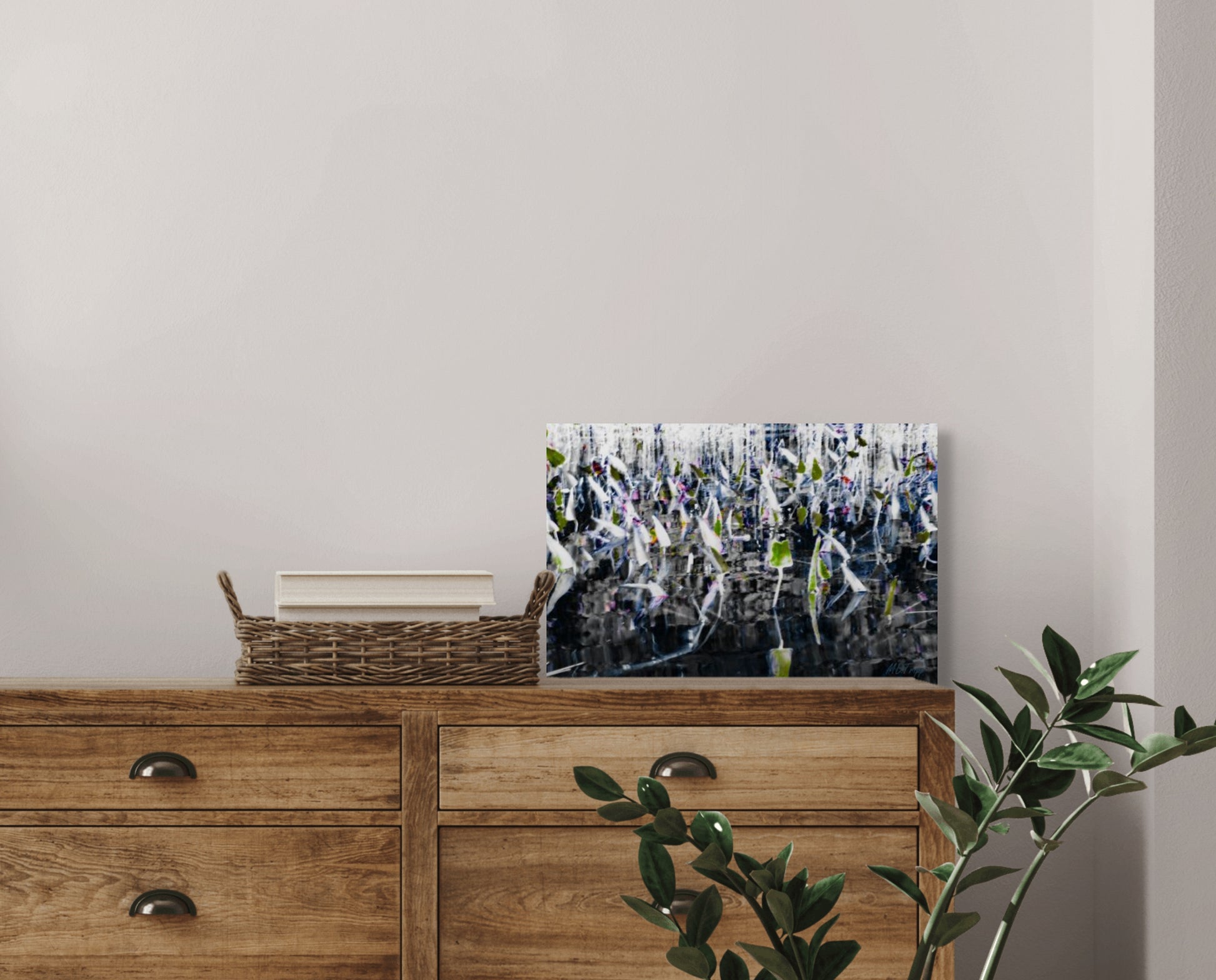 A serene painting of a calm moment by a pond’s edge, featuring gentle reflections and a tranquil natural setting.