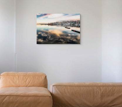 A peaceful painting of the chilly waters of Belfast, showcasing cool tones and a quiet, misty atmosphere over the water.