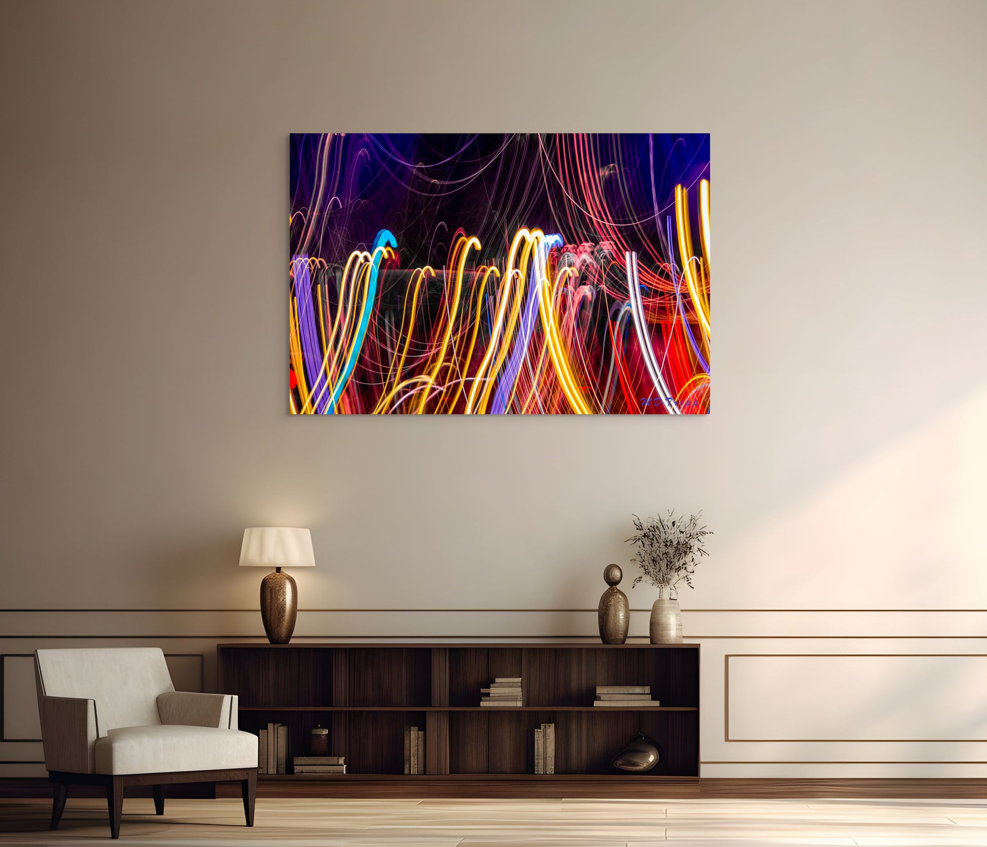 A vibrant abstract painting titled 'Chroma Symphony', featuring a harmonious blend of bold colors and dynamic brushstrokes that evoke energy and movement.