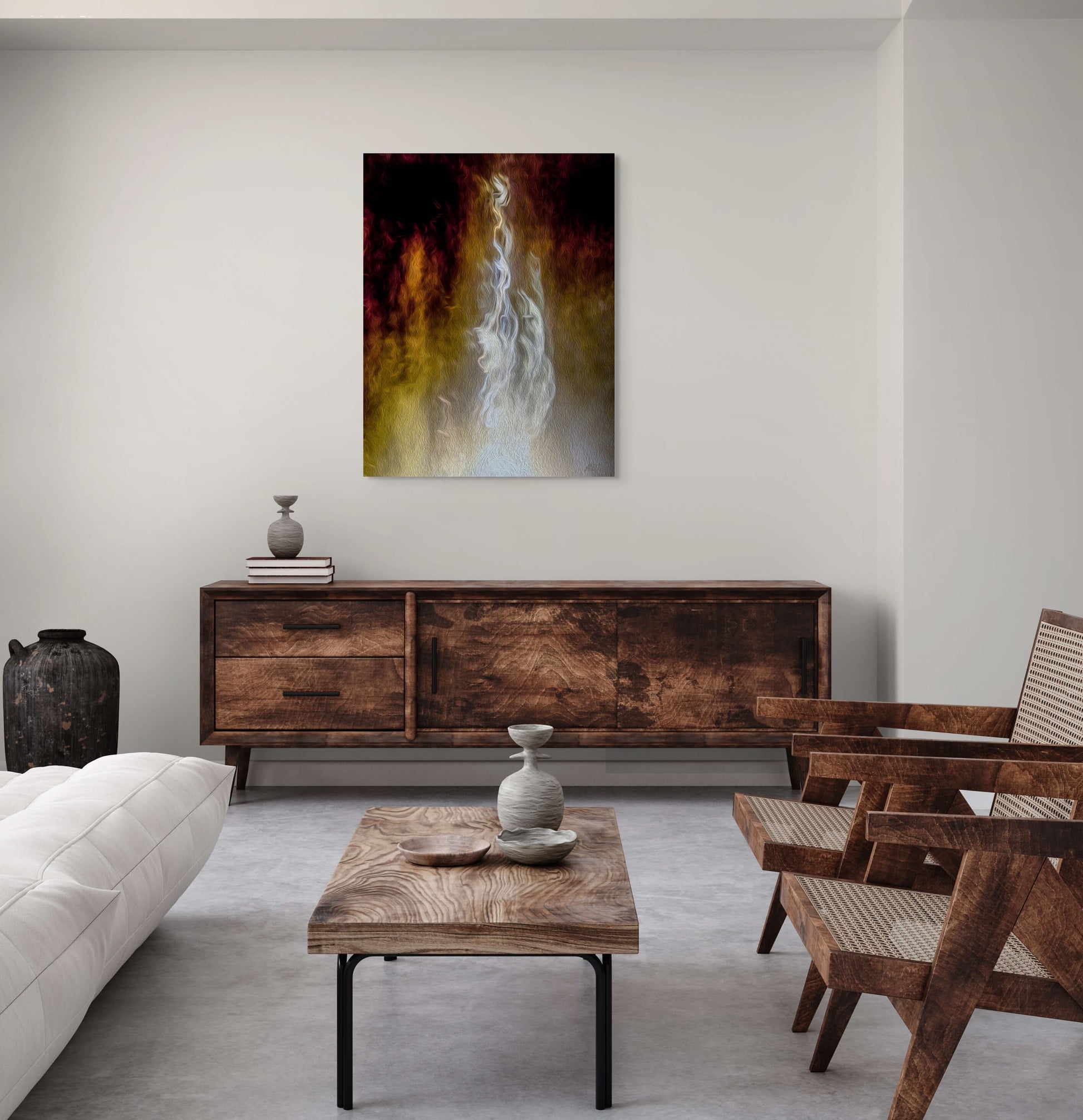 An evocative painting titled 'Deep Emotions,' featuring abstract shapes and rich, dark hues that convey intense feelings and depth.