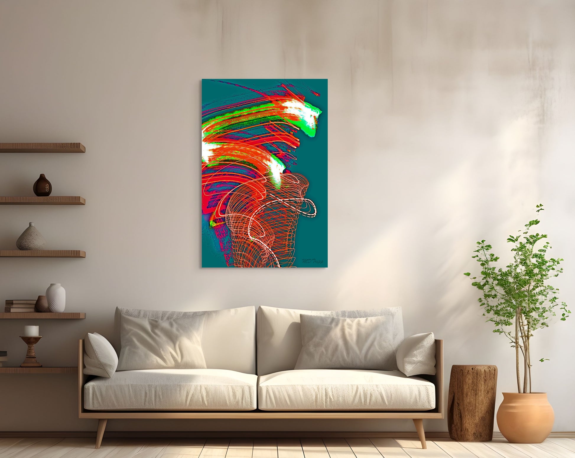 A powerful painting titled 'Dragon’s Gale,' featuring a mythical dragon amidst swirling winds and fiery, dynamic energy.