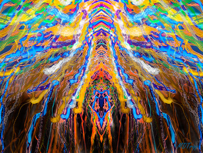 A dynamic painting titled 'Edge of Chaos,' featuring swirling patterns and bold contrasts that capture the tension between order and disorder.