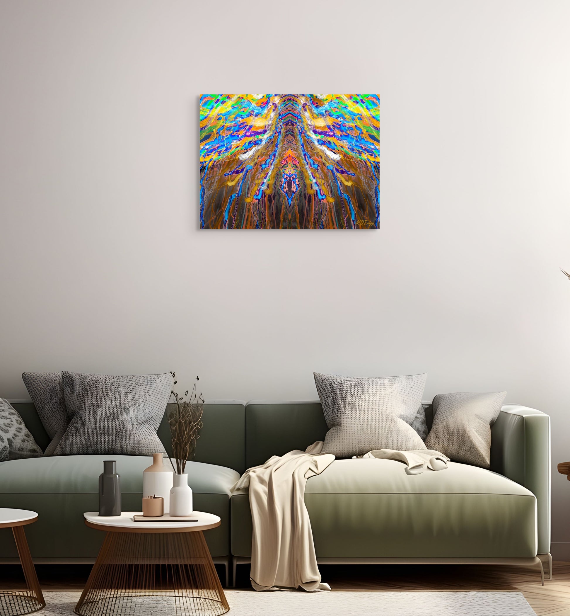 A dynamic painting titled 'Edge of Chaos,' featuring swirling patterns and bold contrasts that capture the tension between order and disorder.
