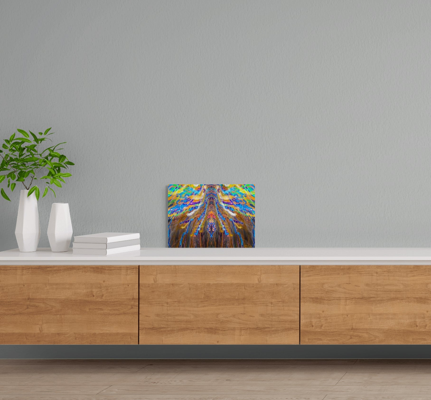A dynamic painting titled 'Edge of Chaos,' featuring swirling patterns and bold contrasts that capture the tension between order and disorder.