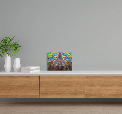 A dynamic painting titled 'Edge of Chaos,' featuring swirling patterns and bold contrasts that capture the tension between order and disorder.