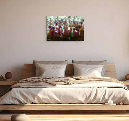 A serene painting titled 'Fall on the Pond’s Edge,' featuring vibrant autumn foliage reflecting on calm waters in a peaceful natural setting.