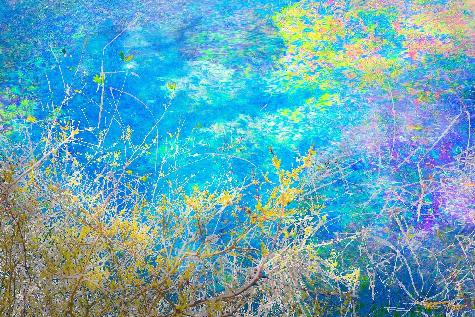 A meaningful painting titled 'Finding Life,' depicting vibrant natural elements and symbols of growth and renewal in a serene setting.
