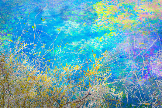 A meaningful painting titled 'Finding Life,' depicting vibrant natural elements and symbols of growth and renewal in a serene setting.