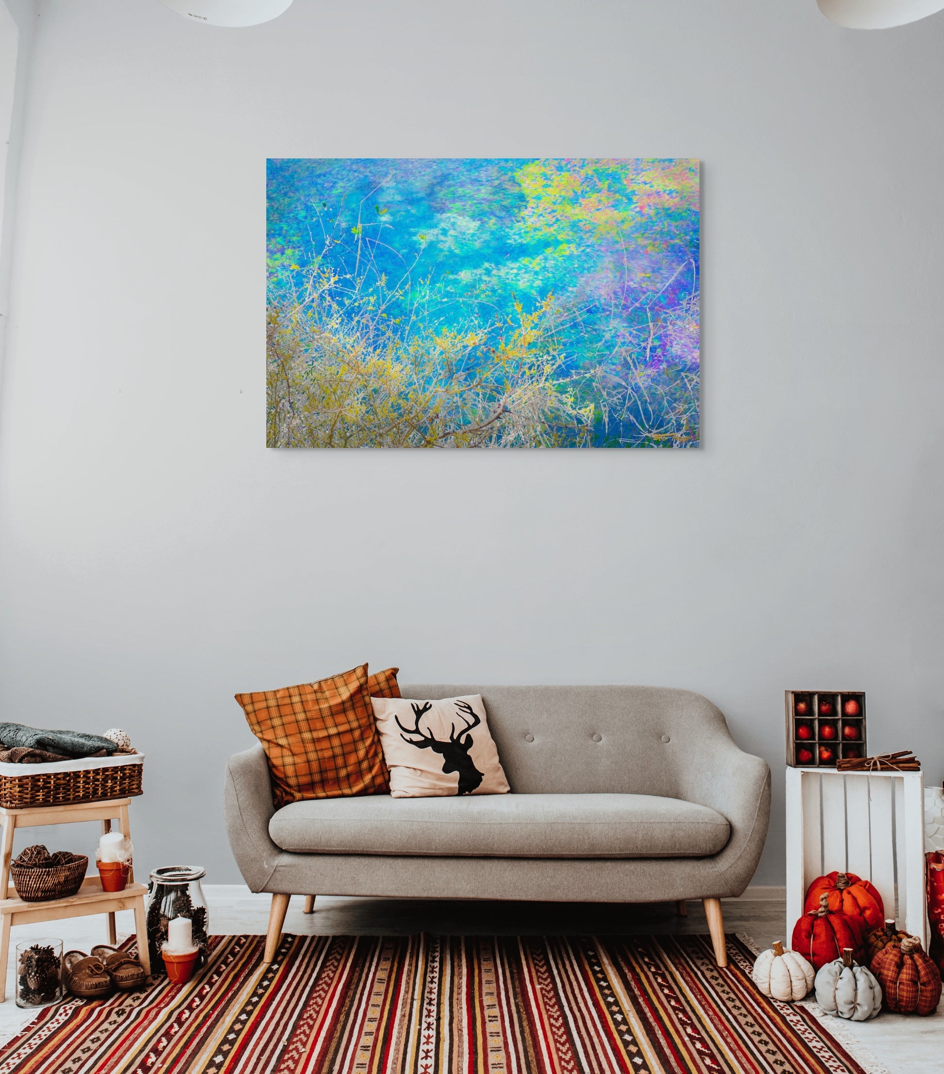 A meaningful painting titled 'Finding Life,' depicting vibrant natural elements and symbols of growth and renewal in a serene setting.