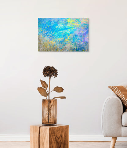 A meaningful painting titled 'Finding Life,' depicting vibrant natural elements and symbols of growth and renewal in a serene setting.