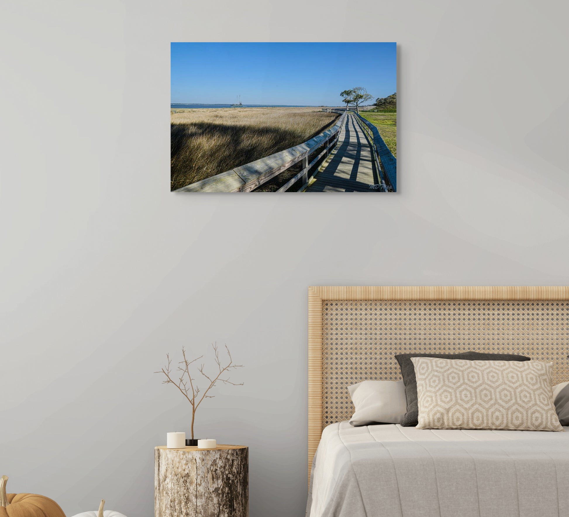 An inspiring painting titled 'Finding My Own Path,' featuring a lone figure walking along a winding trail surrounded by a serene and reflective landscape